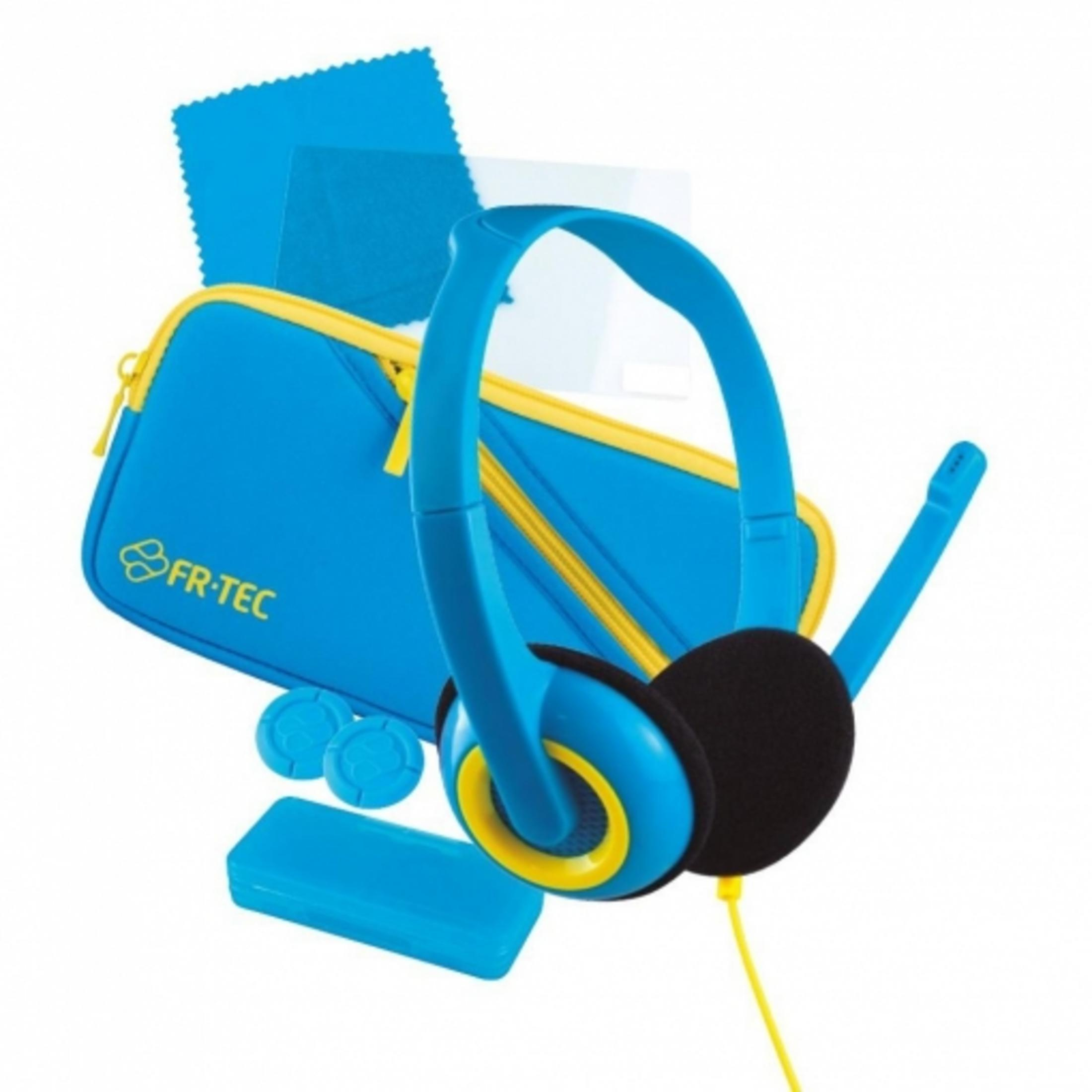 Auriculares azules con detalles amarillos, micrófono, estuche y accesorios sobre fondo blanco.