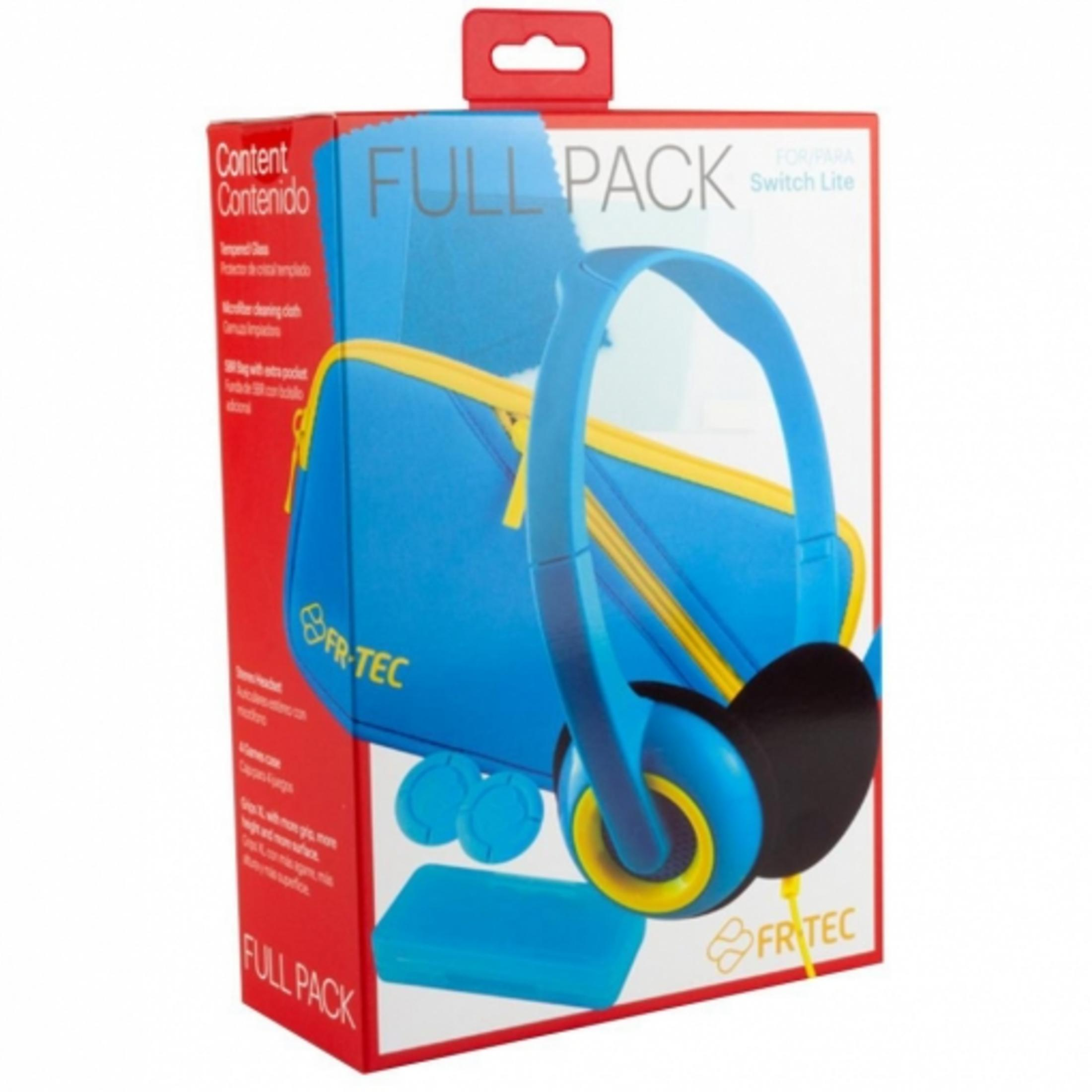 Embalaje de paquete completo con auriculares azules y accesorios para Switch Lite.