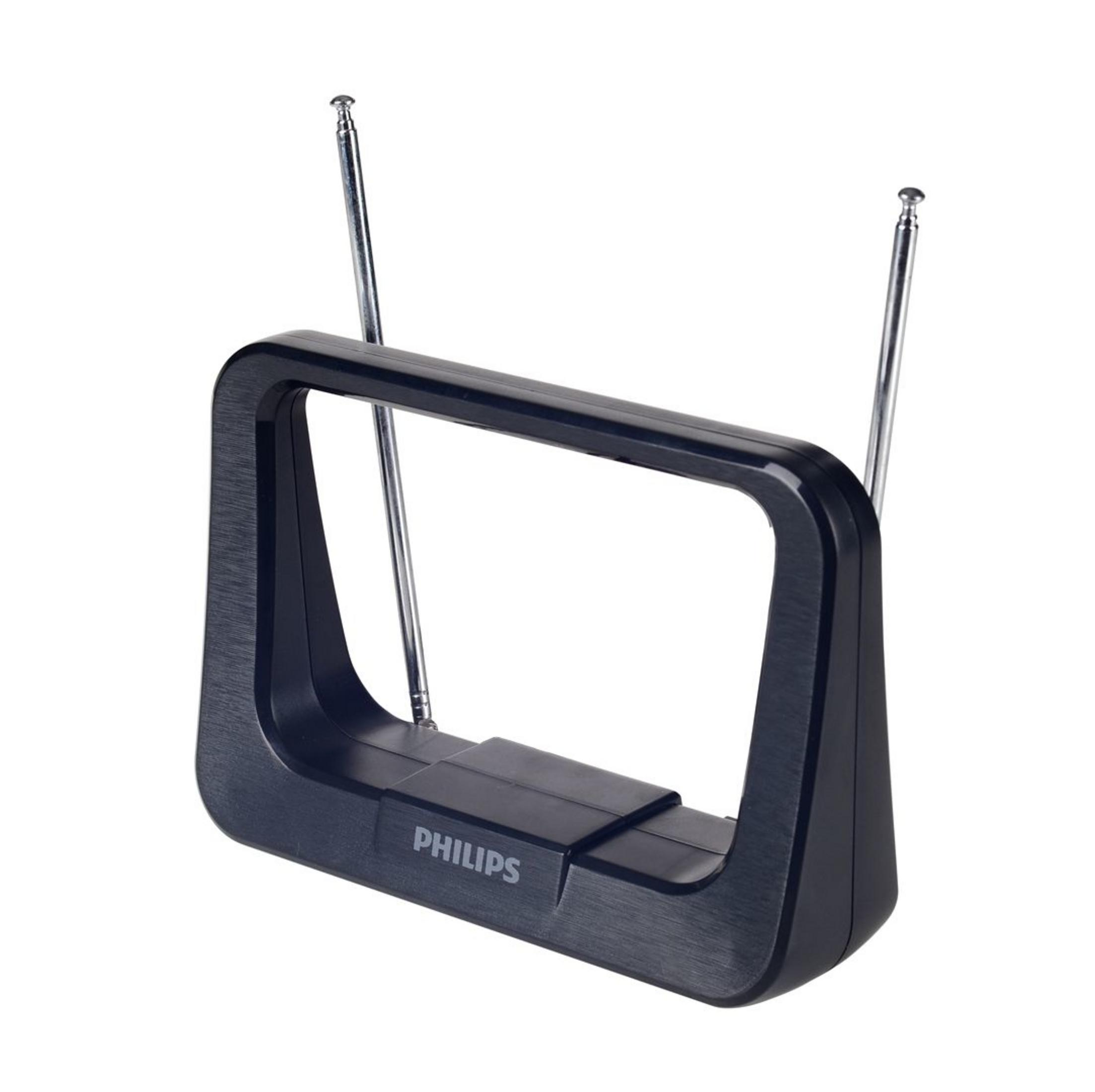 Un receptor de antena de TV Philips negro con dos antenas telescópicas plateadas.