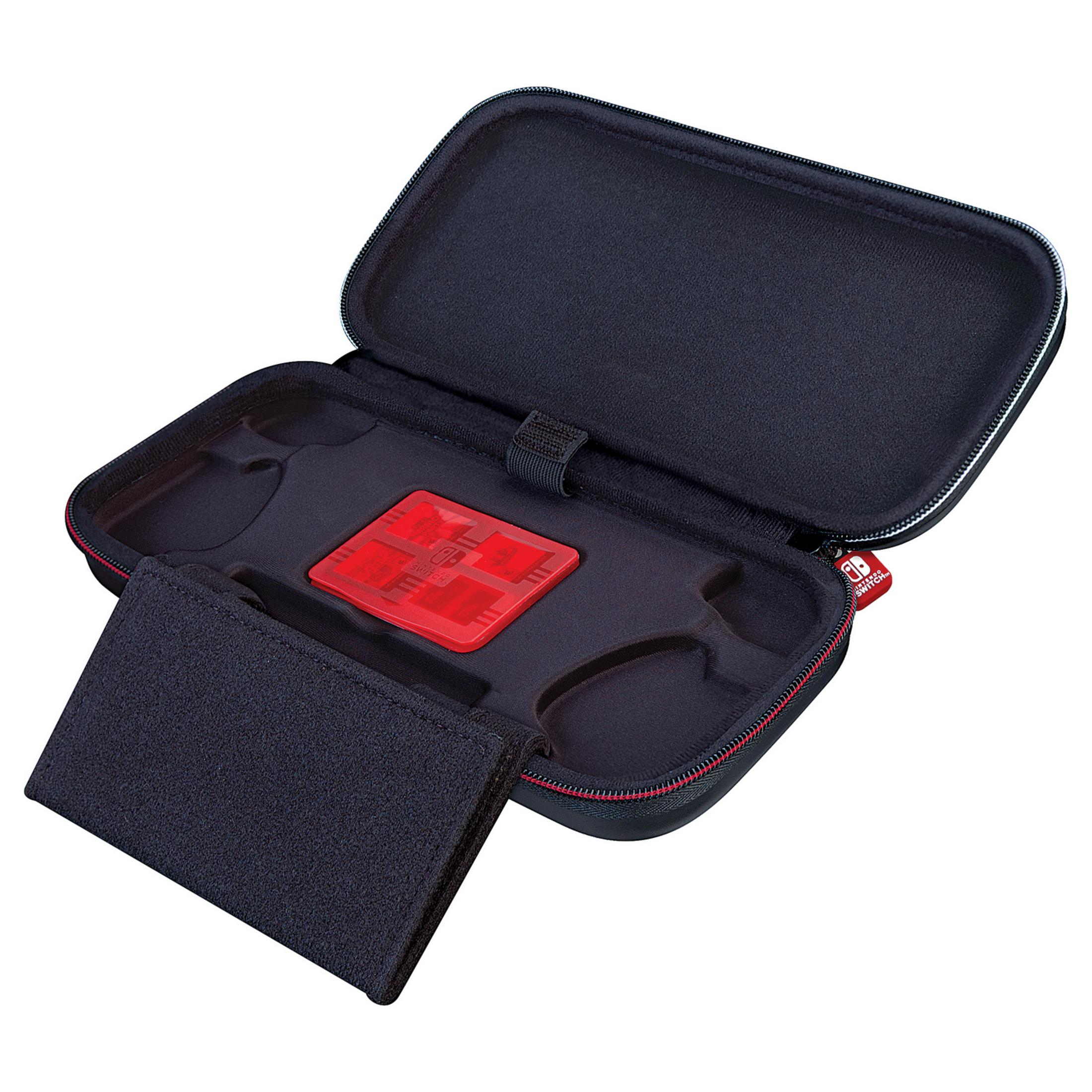 Funda negra abierta para Nintendo Switch con soporte rojo para juegos y compartimento.
