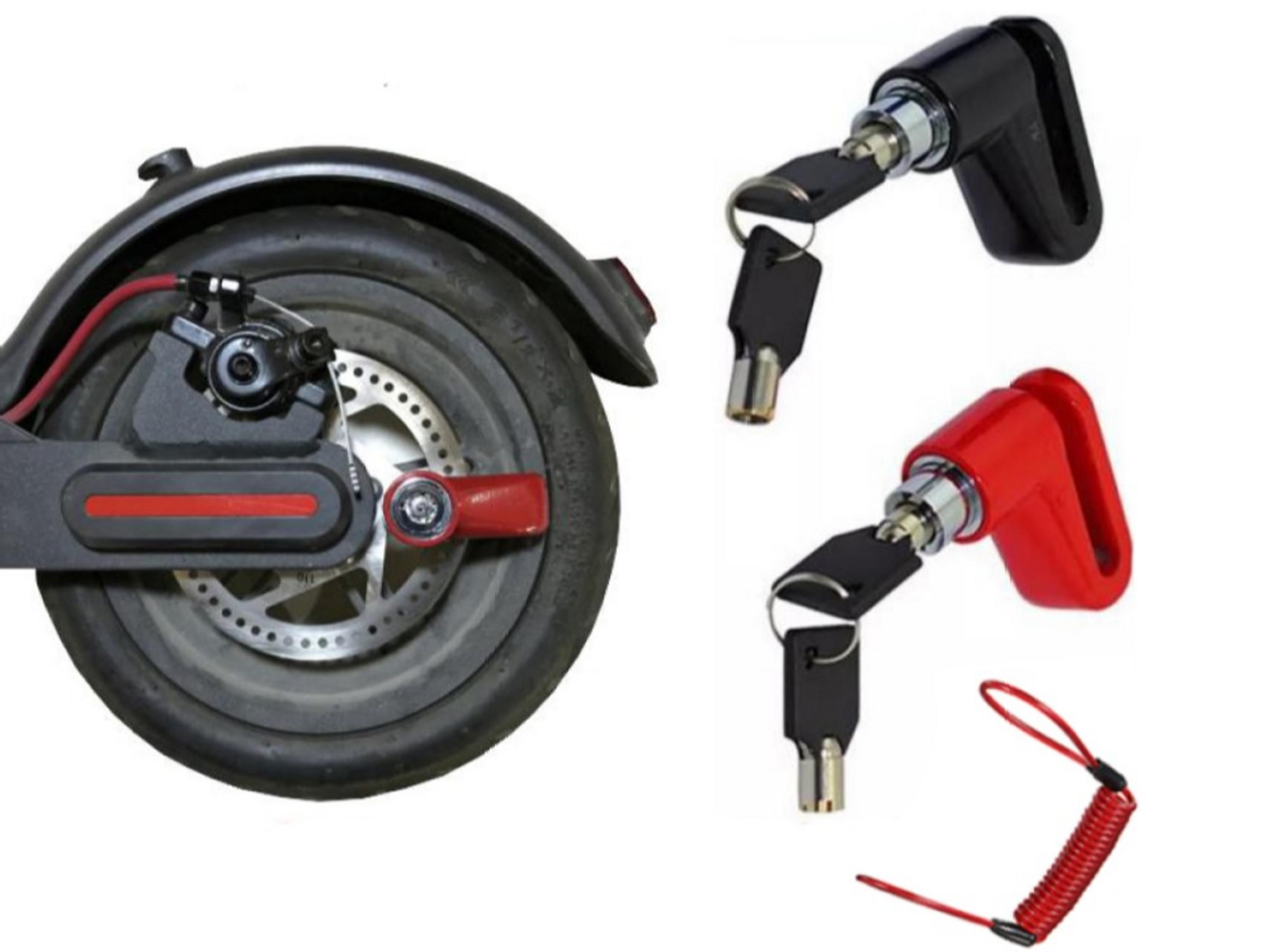 Rueda de e-scooter con disco de freno y dos candados con llaves.