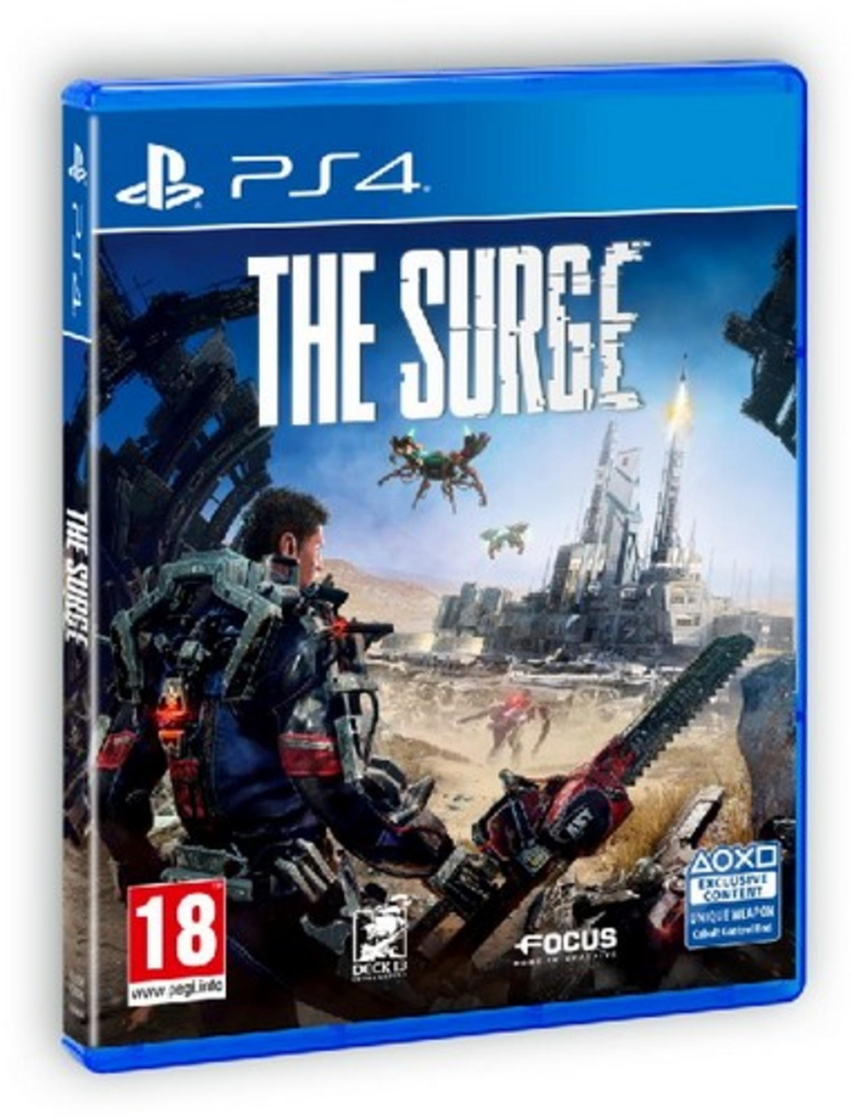 Copertina del gioco PS4 'The Surge' con un cyborg in un paesaggio post-apocalittico.