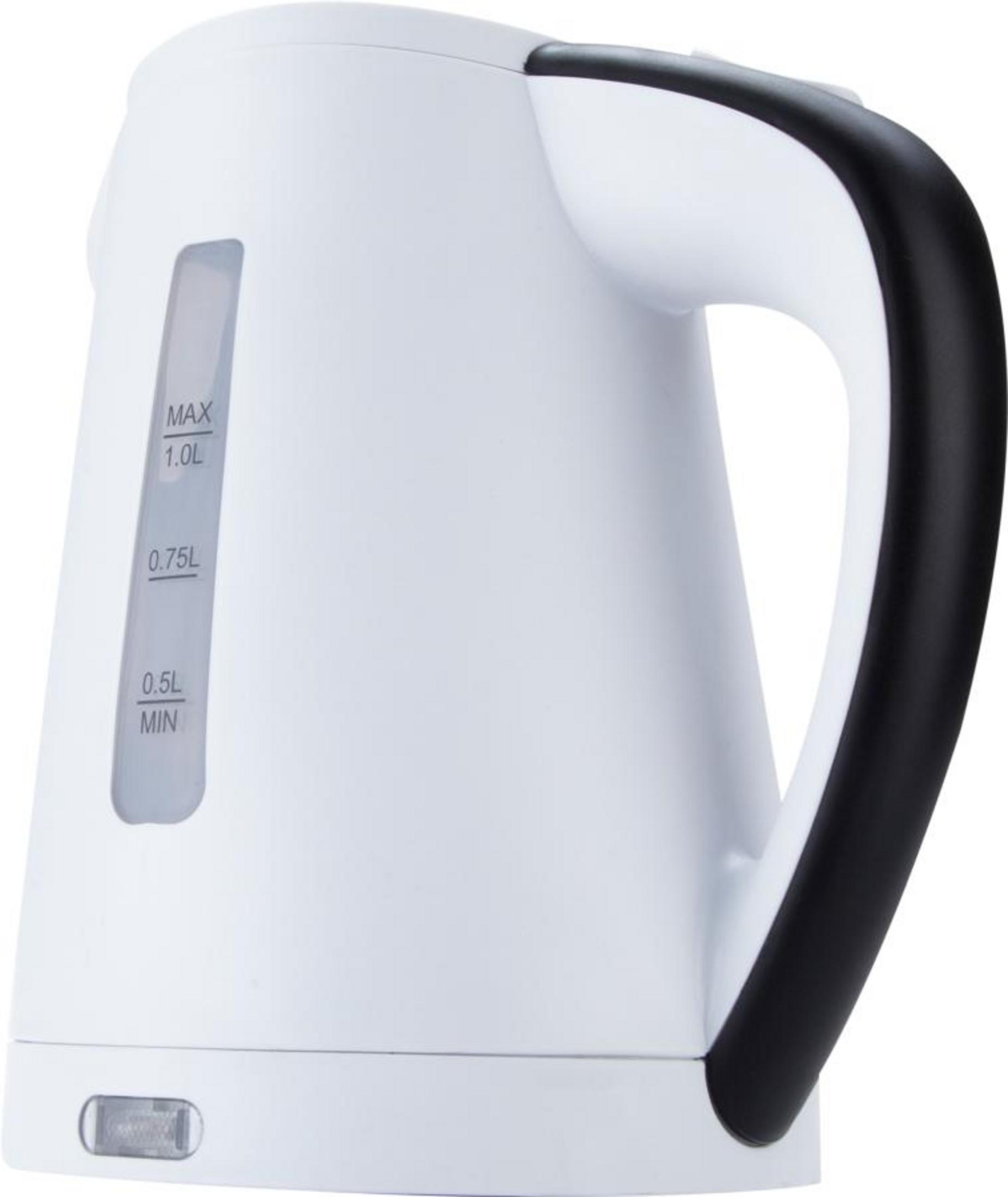Hervidor eléctrico blanco con asa negra e indicador de nivel.