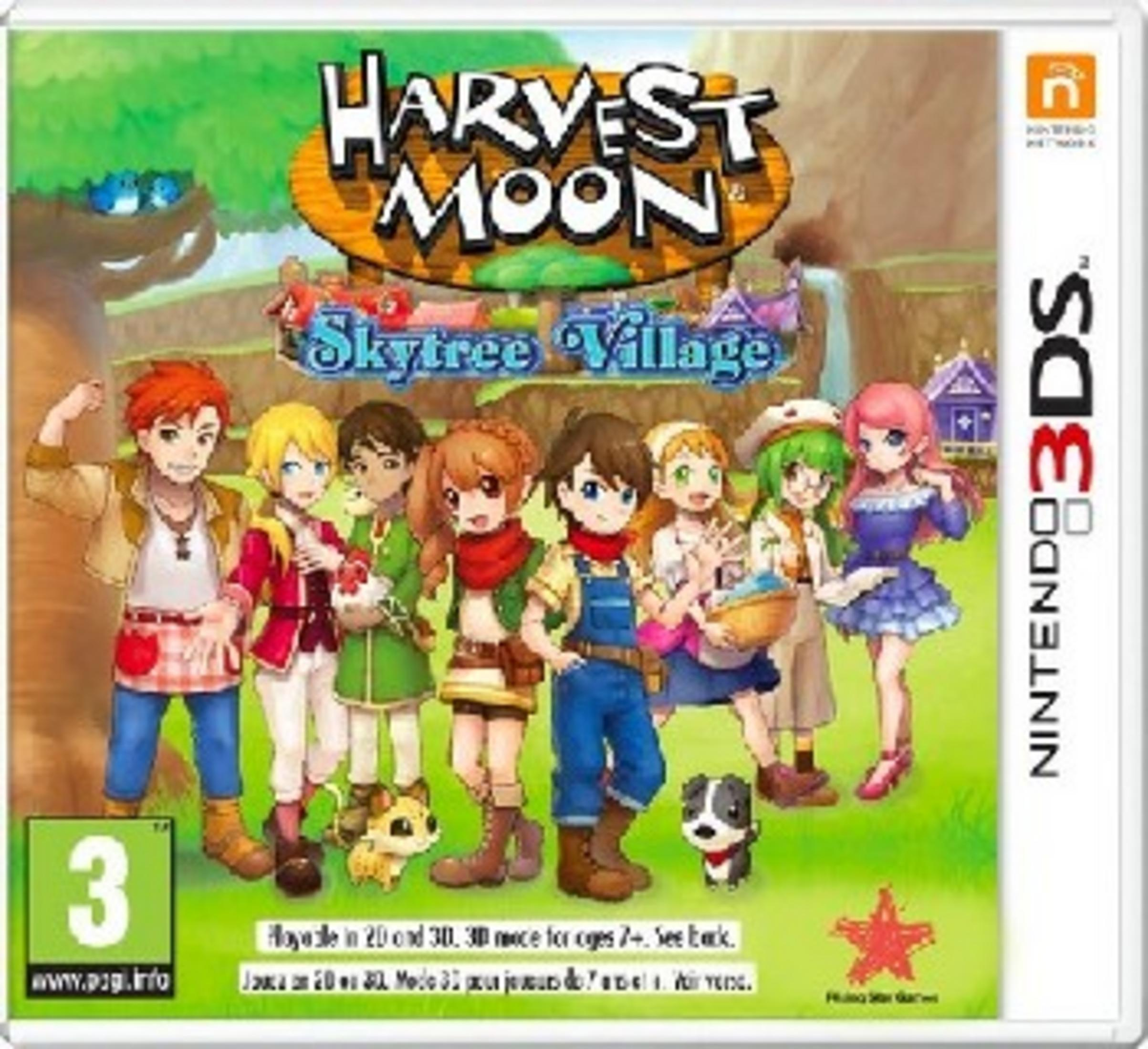 Copertina di Harvest Moon Skytree Village con personaggi e logo Nintendo 3DS.