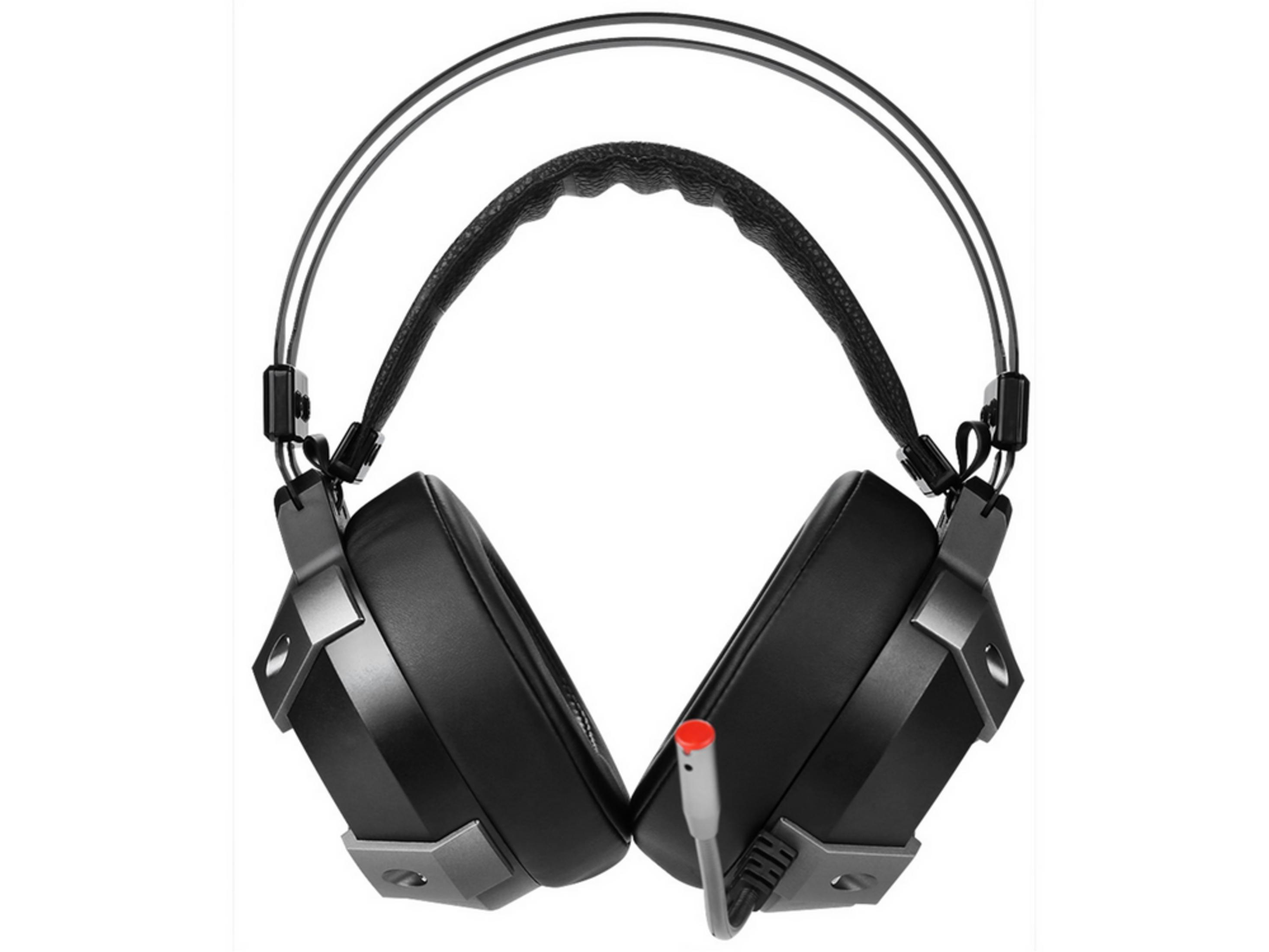 Cuffie da gaming nere con microfono su sfondo bianco.