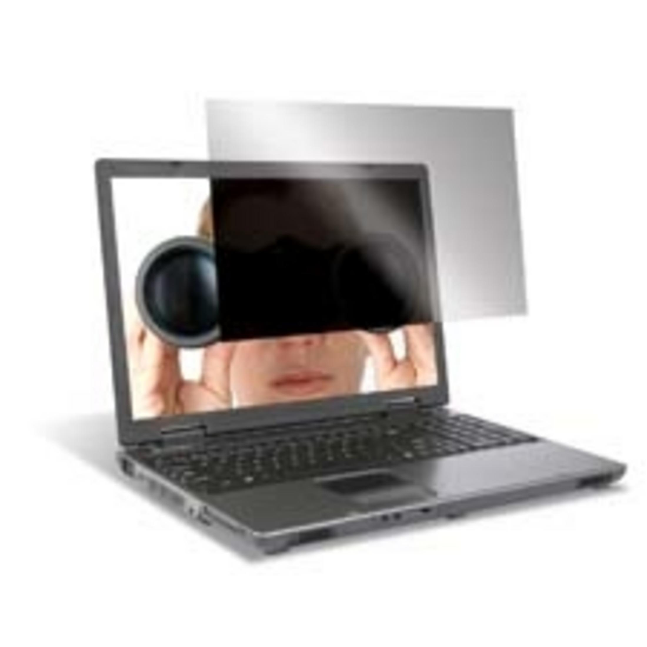 Ein Laptop mit einem Sichtschutzfilter, der eine Person mit Kamera zeigt.