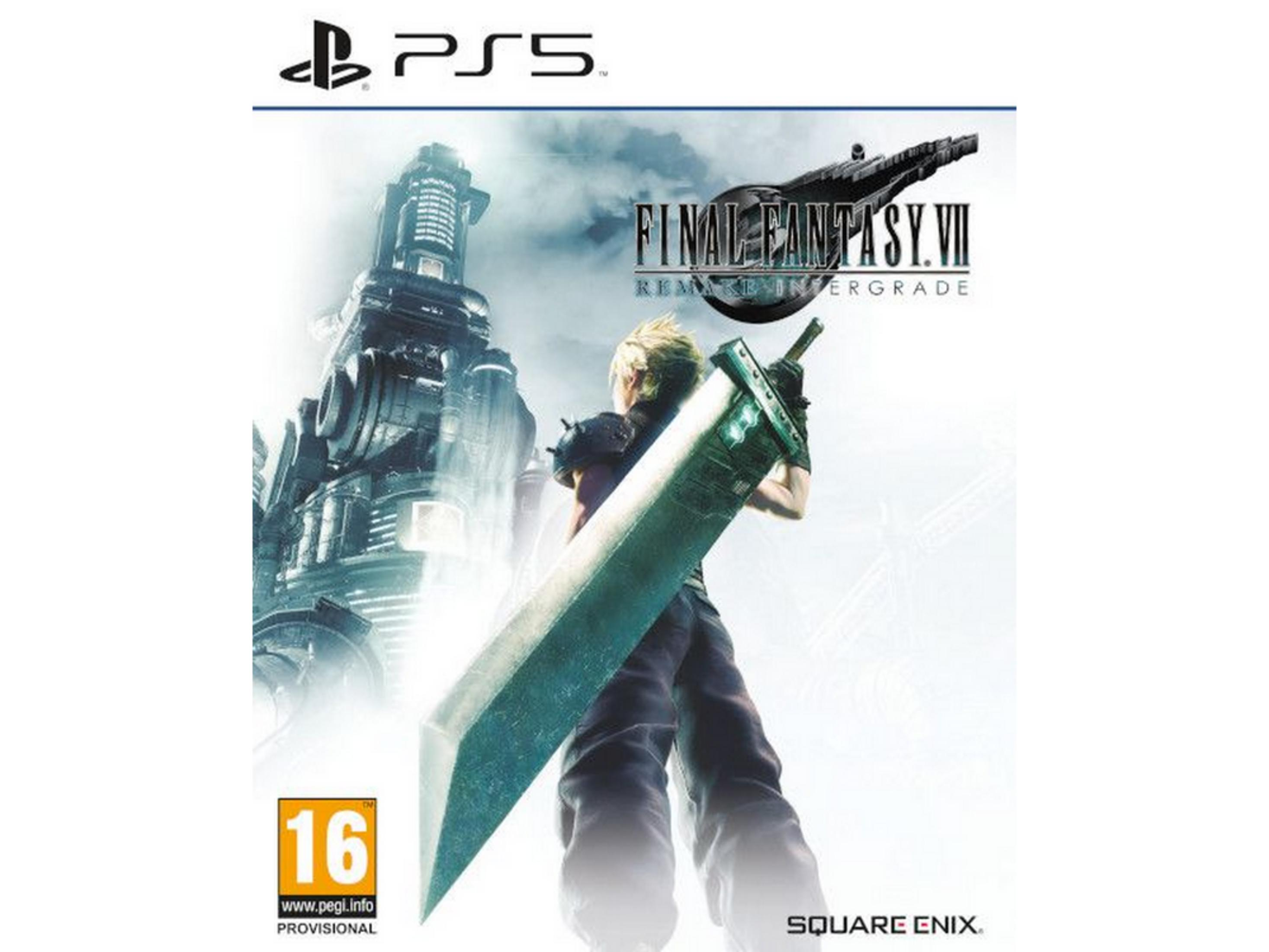 Un uomo con una spada grande davanti a una torre futuristica. Logo PS5.