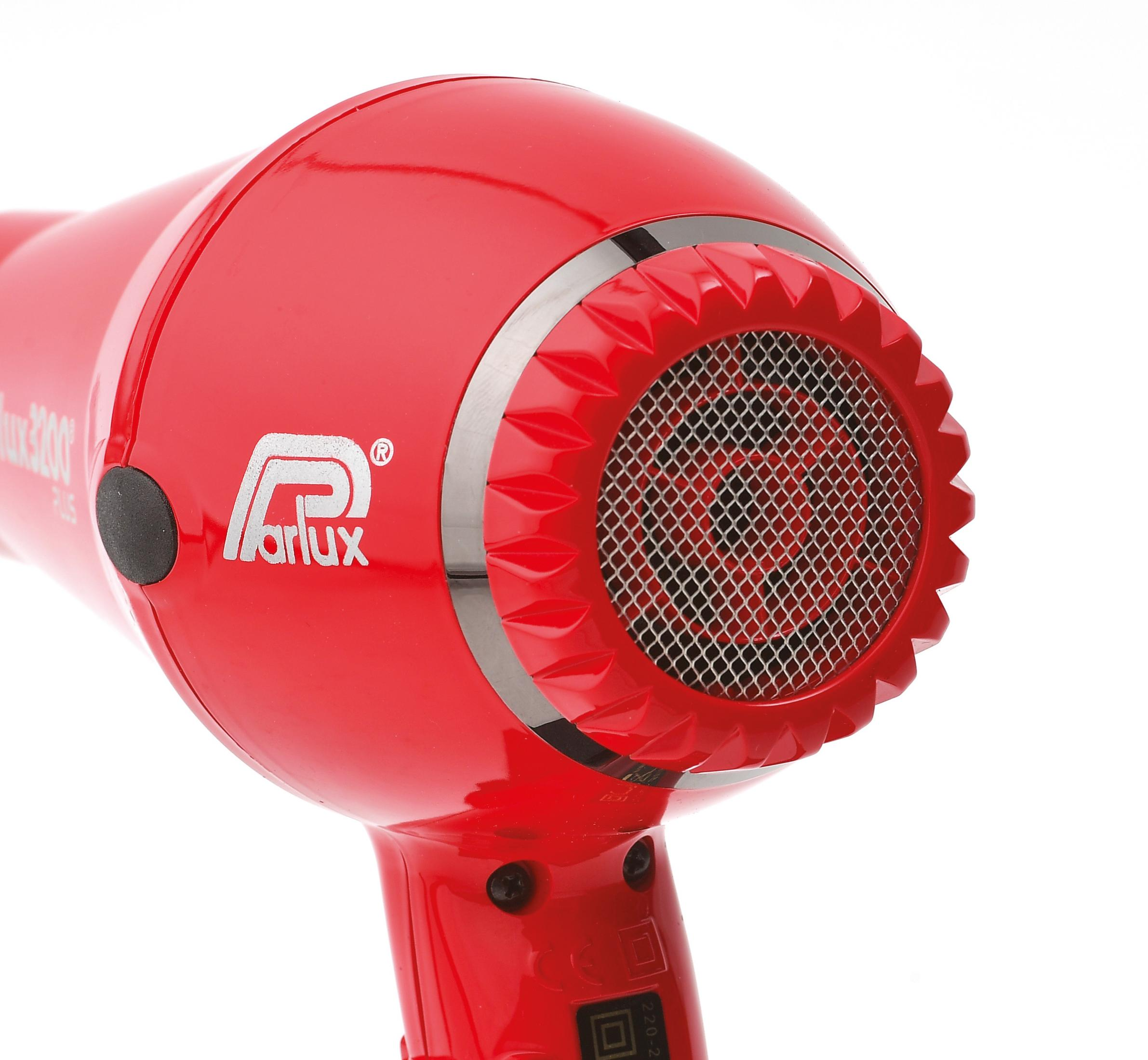 Asciugacapelli rosso con logo argentato e griglia di ventilazione.