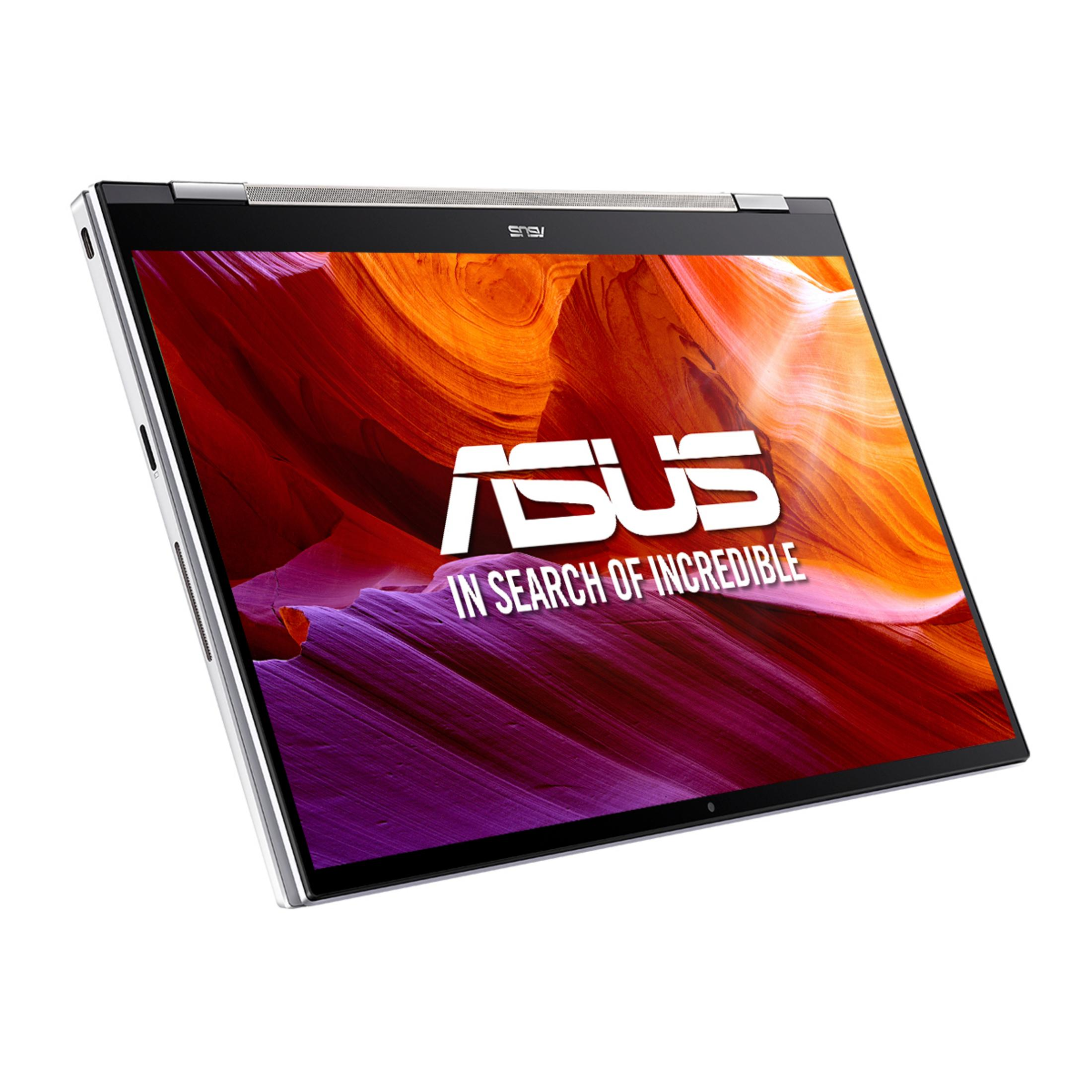 Un portátil Asus plateado que muestra un fondo colorido y el logo de Asus.