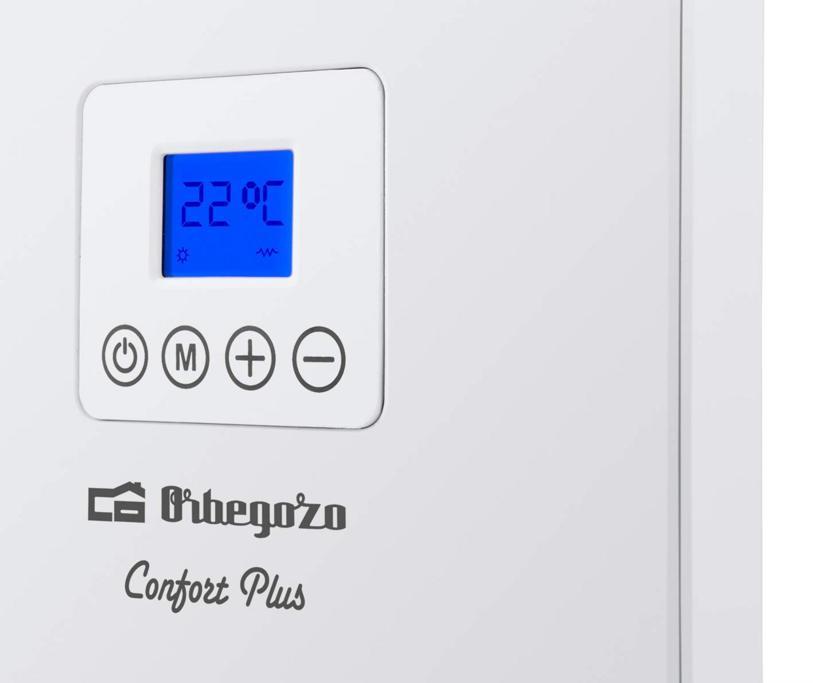 Un termostato muestra 22°C, con botones para encendido, modo, más y menos.
