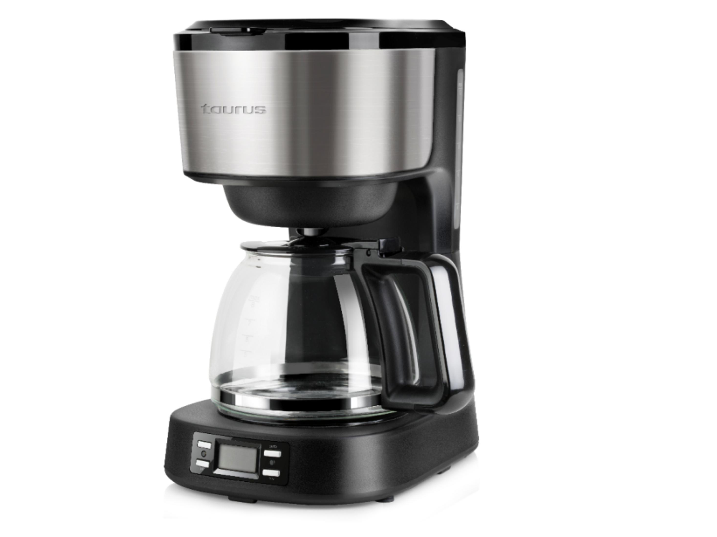 Cafetera negra de metal y cristal con pantalla digital y controles.