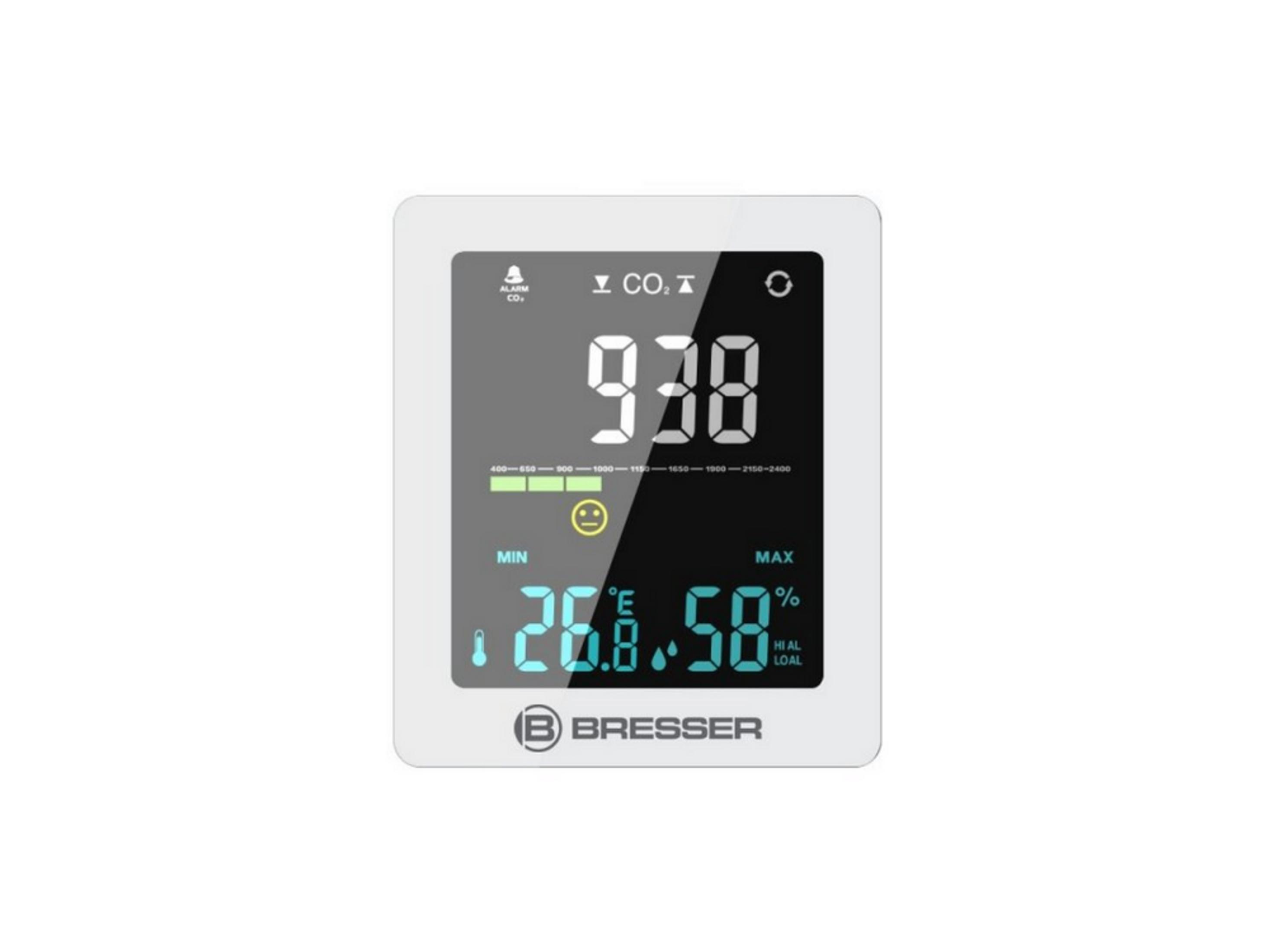 Bresser CO2-Messgerät zeigt 938 ppm CO2, 26.8°C und 58% Luftfeuchtigkeit.