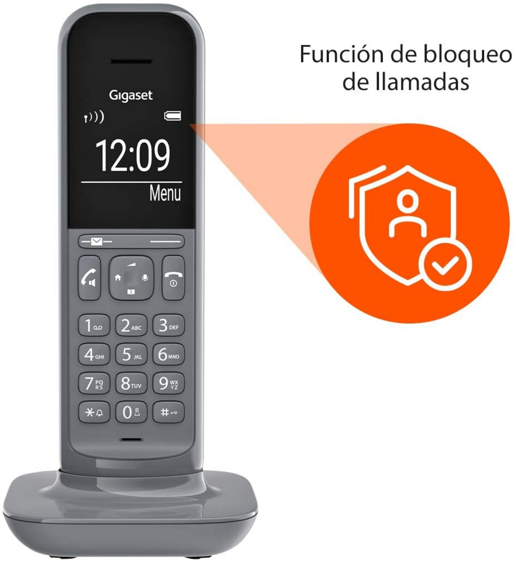 Telefono Gigaset grigio con tastiera e icona di blocco chiamate.