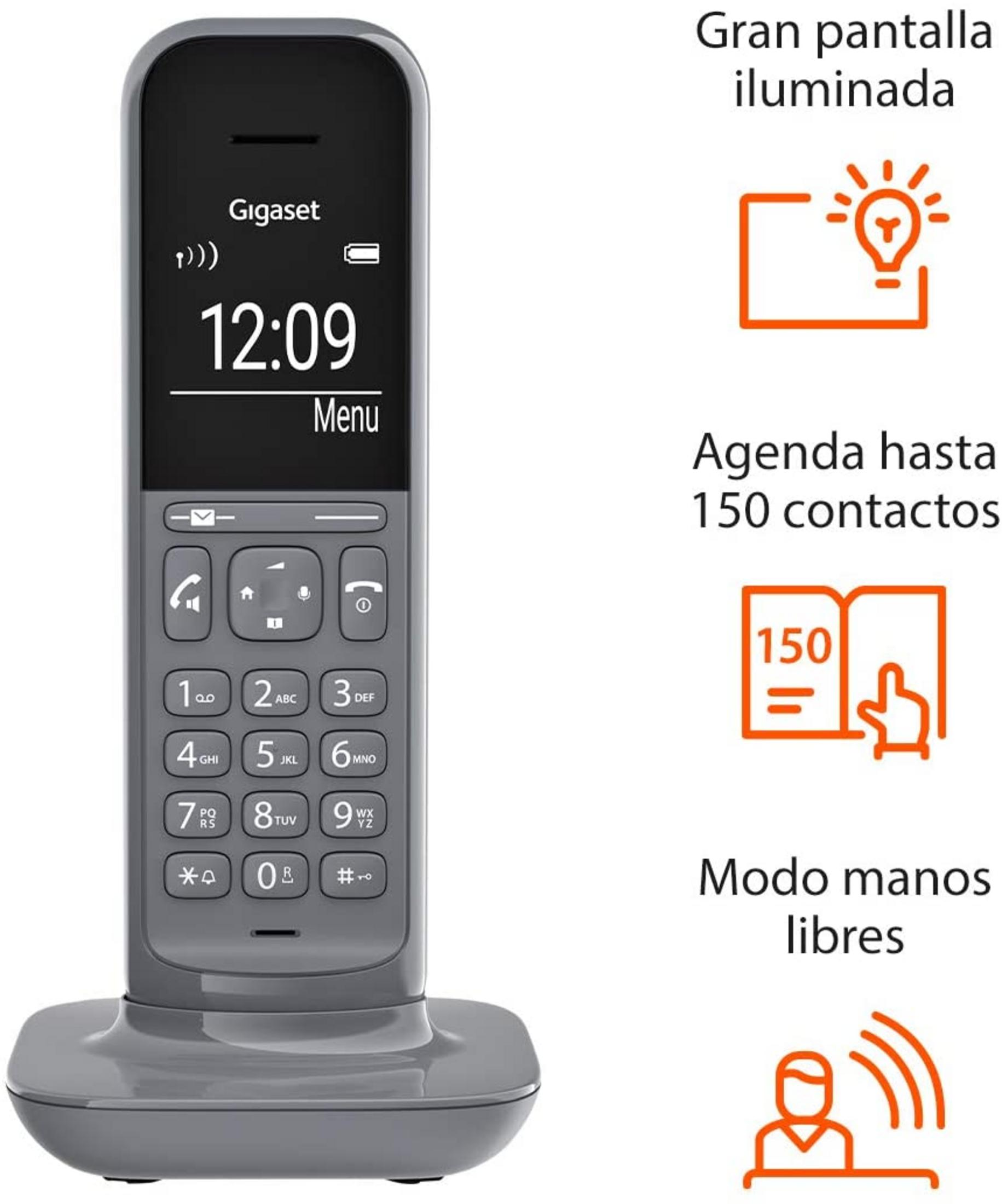 Telefono cordless grigio con tastiera e display illuminato che mostra le 12:09.