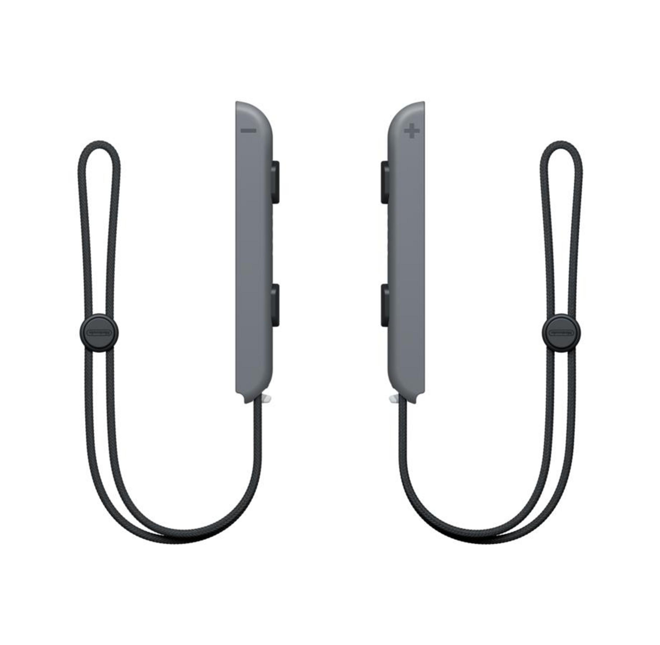 Due controller Joy-Con grigi con laccetti neri da polso su sfondo bianco.