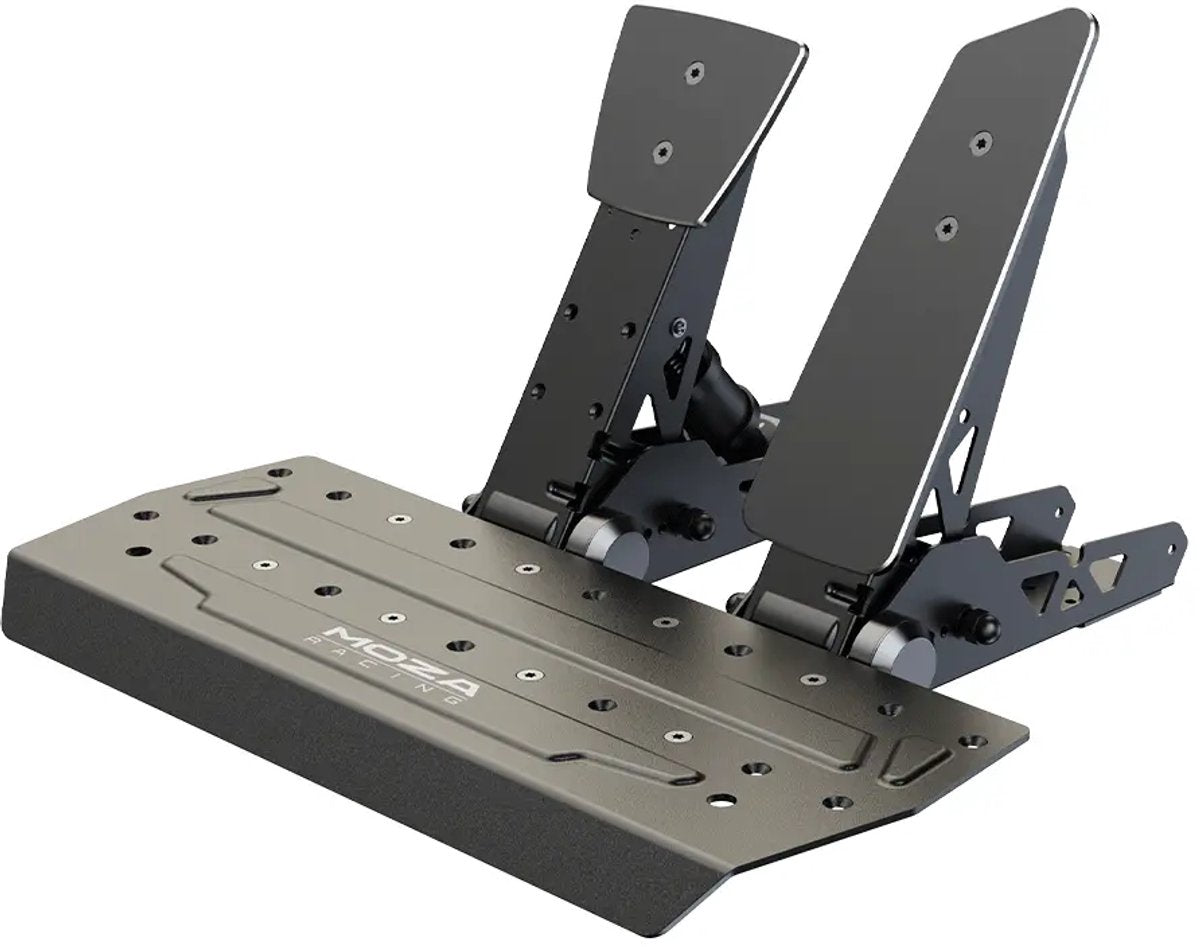 Schwarzes Pedalset mit zwei Pedalen, montiert auf einer Metallbasis.