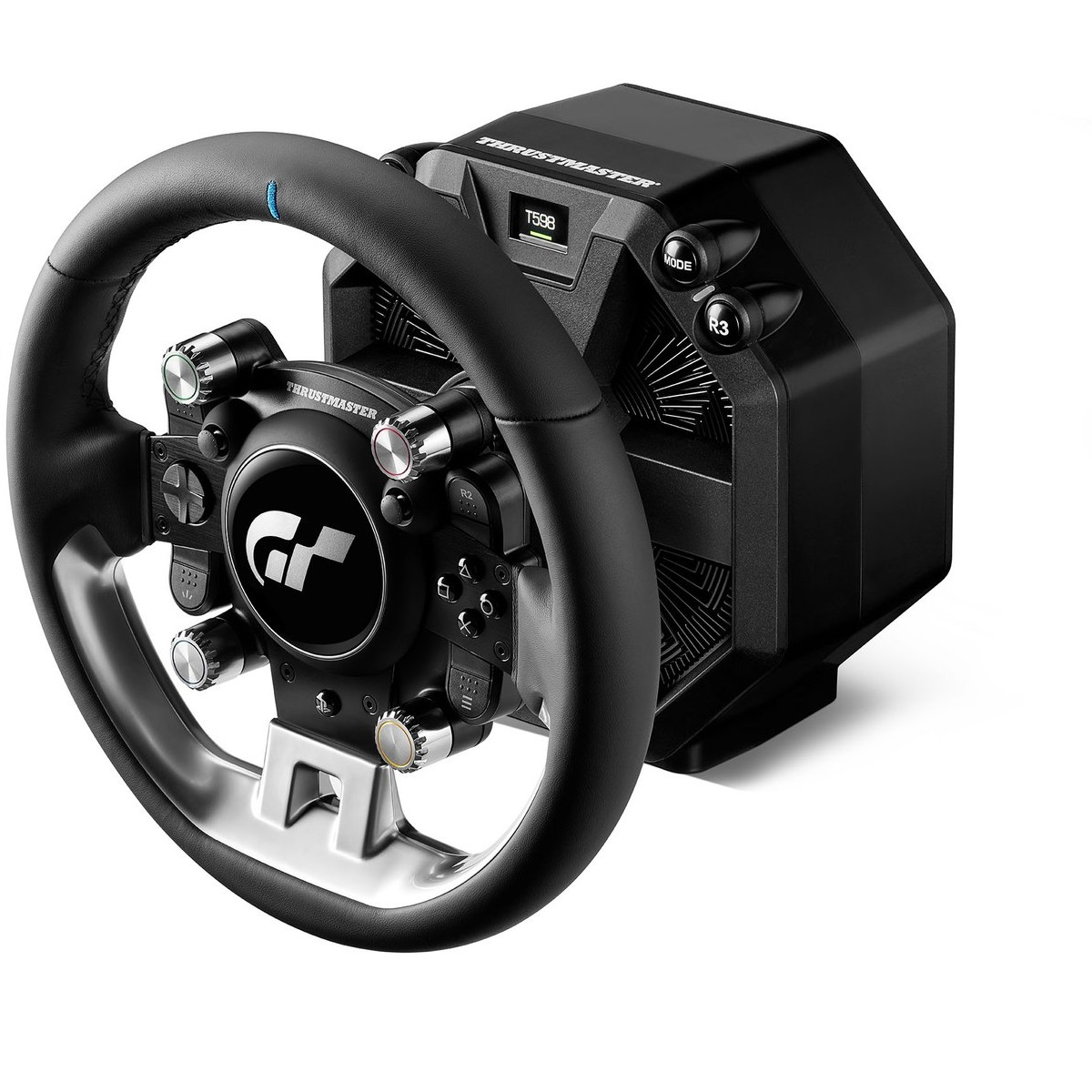 Un volante da corsa Thrustmaster nero con bordo argentato e vari pulsanti.