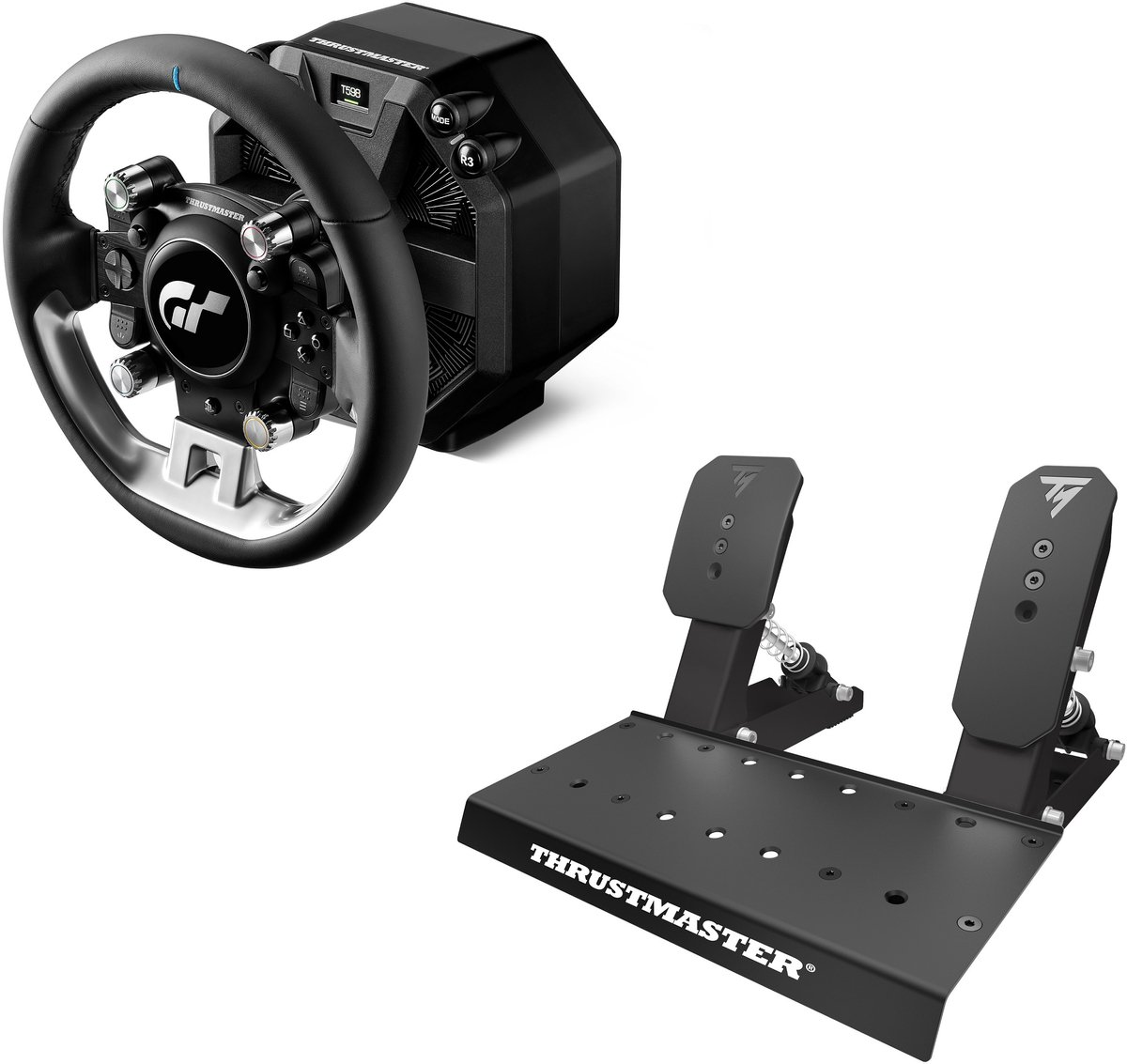 Een zwarte Thrustmaster race stuur en pedalen set op witte achtergrond.