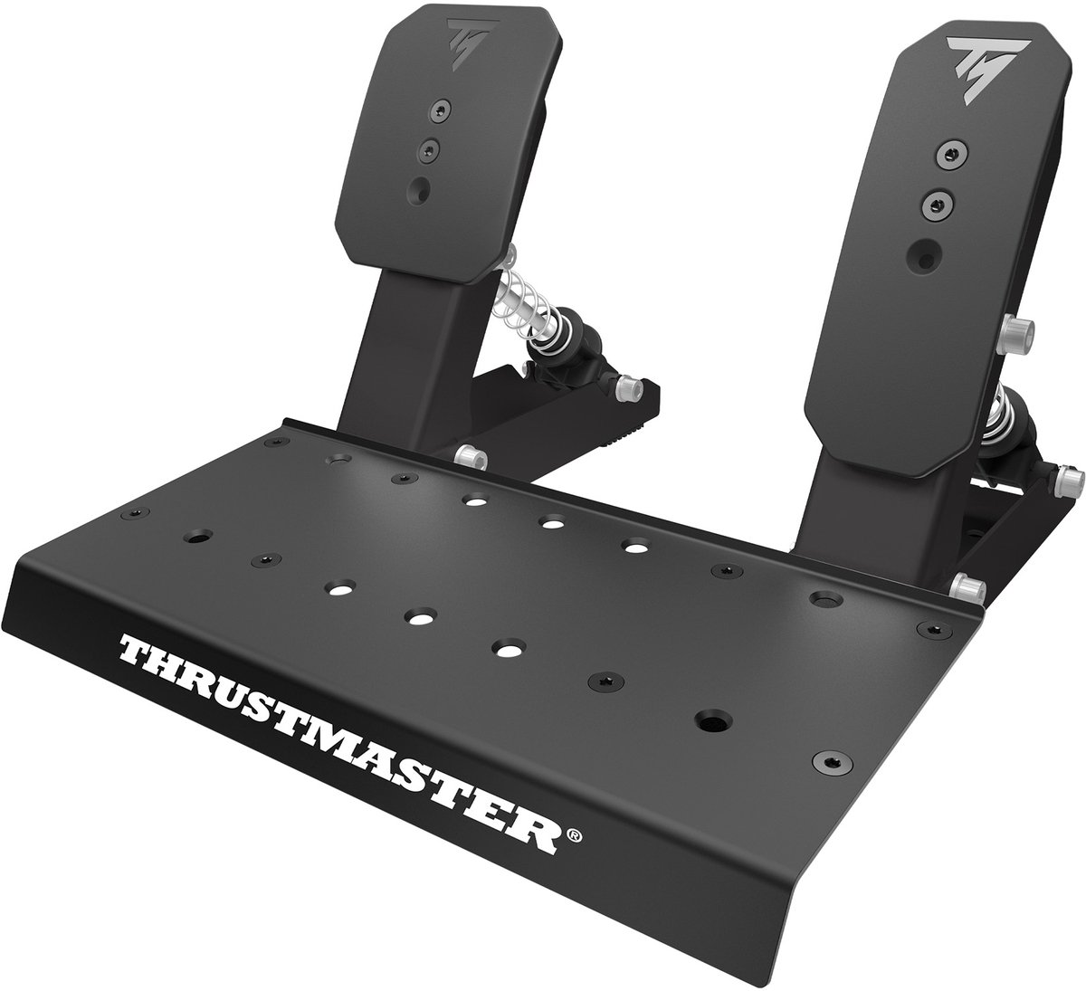 Zwarte gamingpedalen met brede basis en twee verende pedalen.
