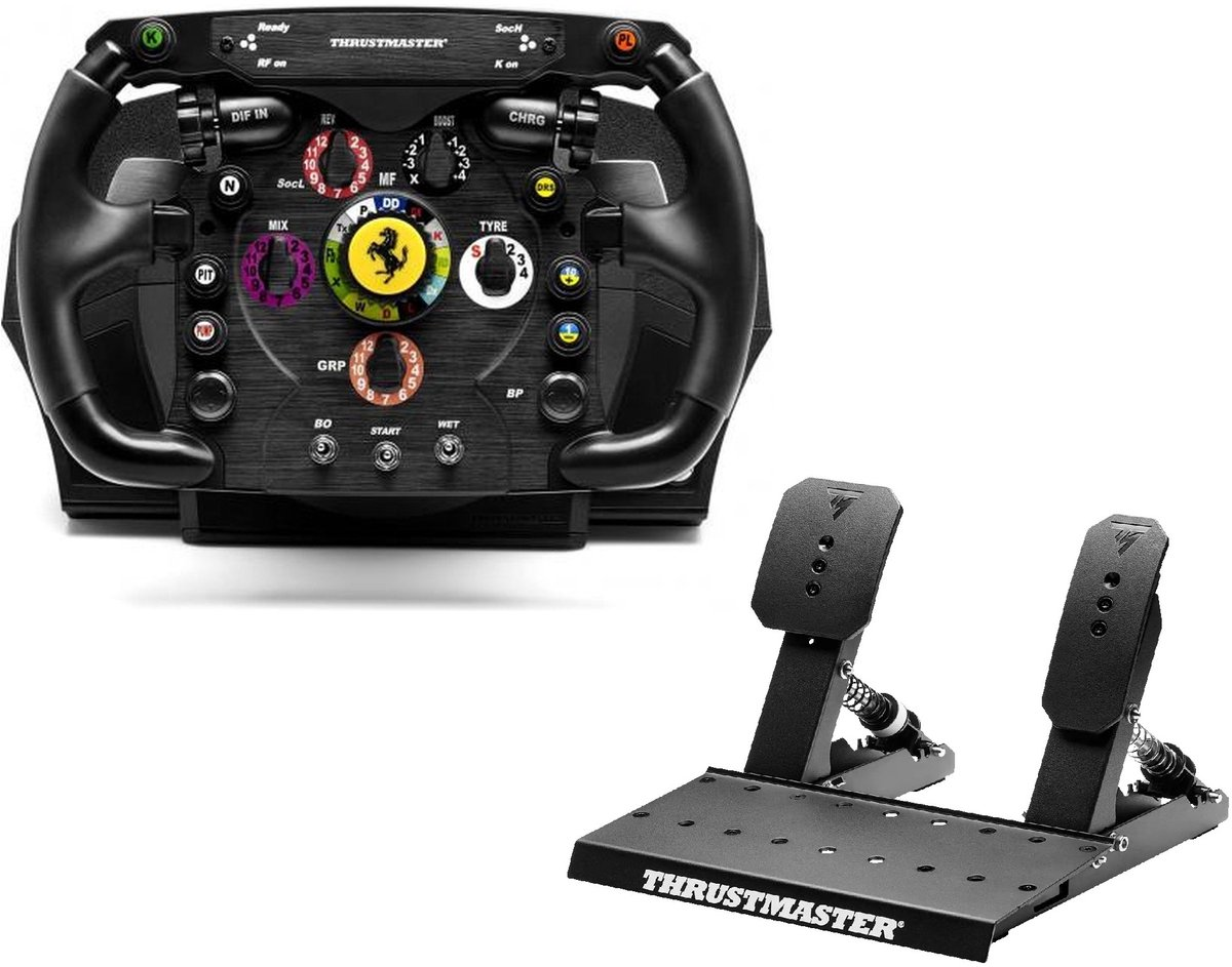 Een zwart Thrustmaster race stuur en pedalen.