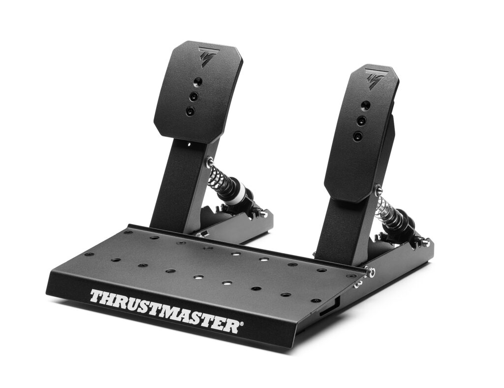 Zwarte Thrustmaster-pedalen met metalen basis en veermechanisme.