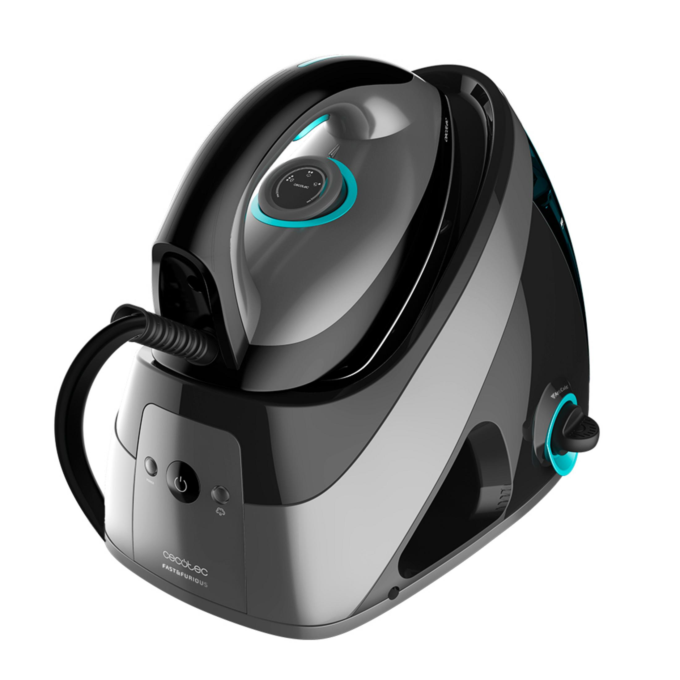 A black and gray steam iron base with blue accents.