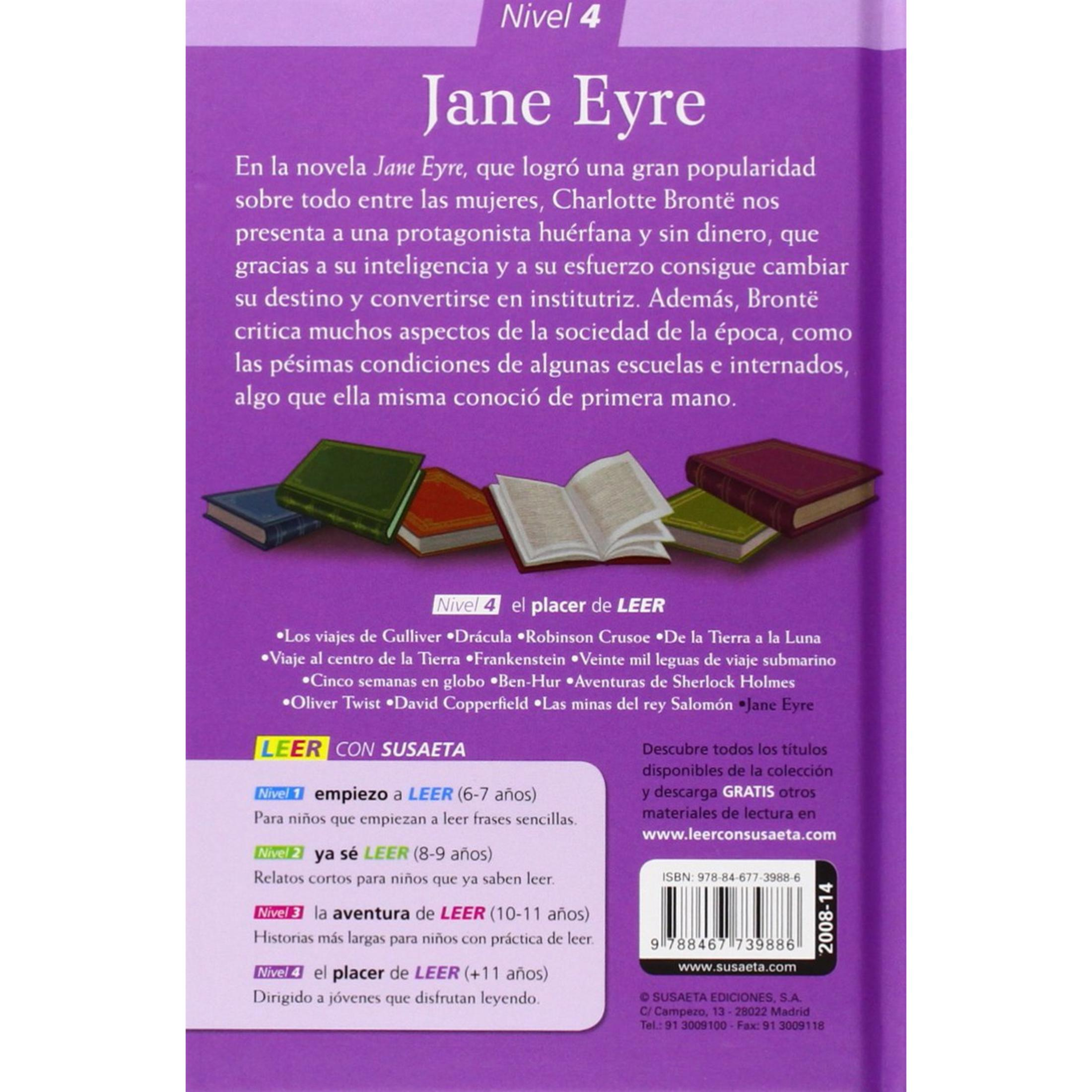 La portada de Jane Eyre presenta un fondo morado con títulos de libros y una lista de libros.