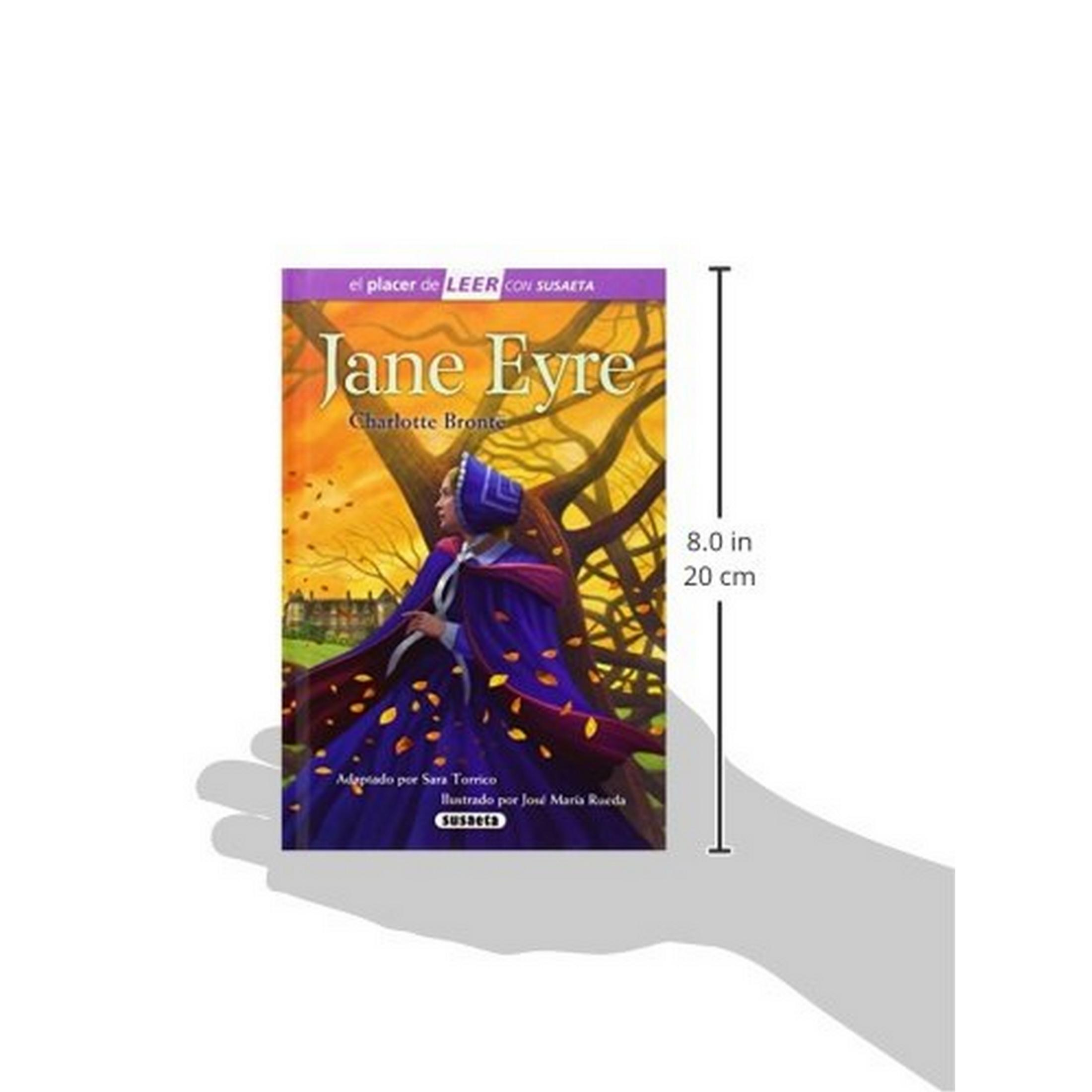 Portada del libro: Jane Eyre de Charlotte Brontë, con una mujer vestida de azul.