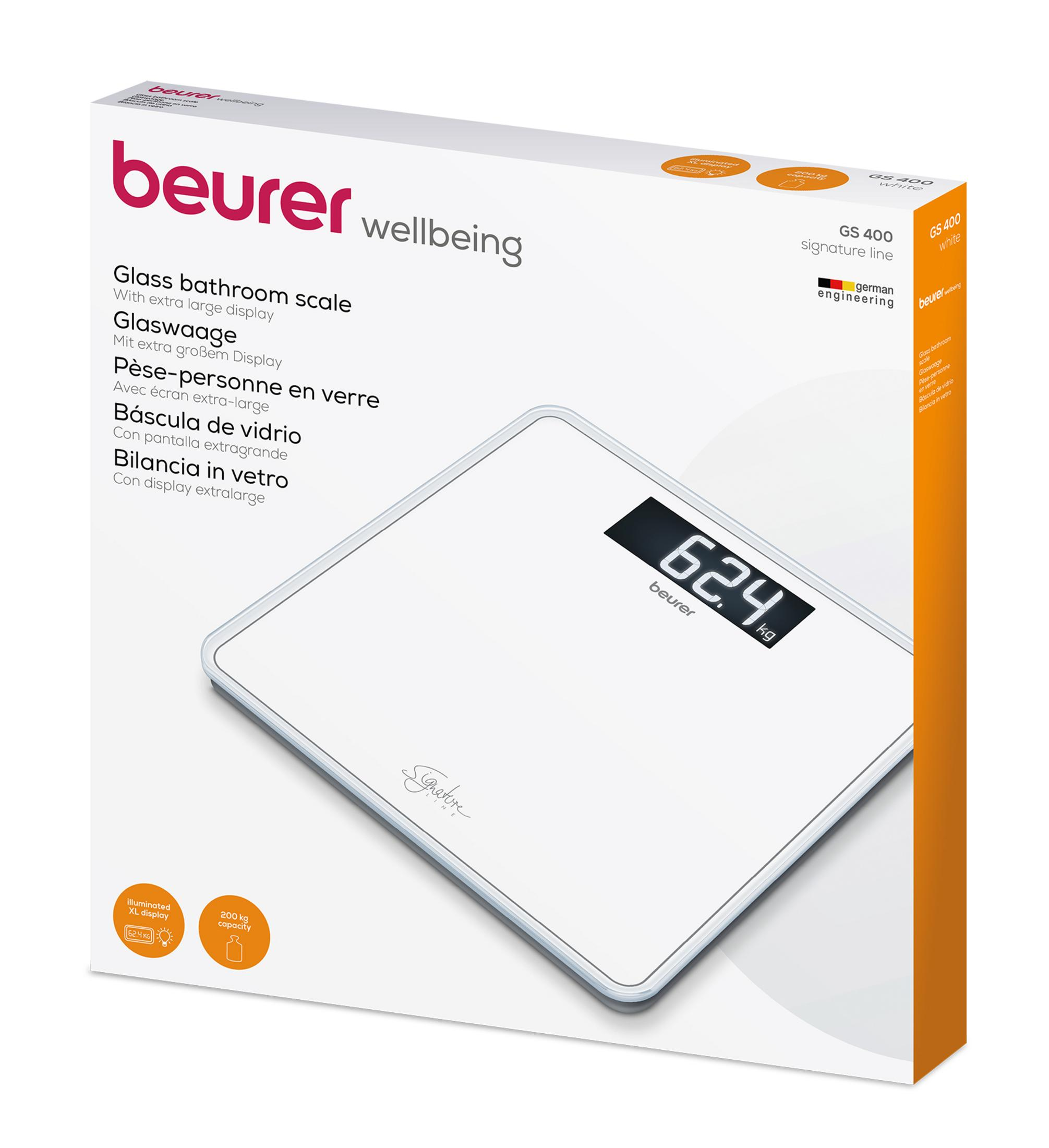 Balanza de vidrio blanca Beurer con pantalla iluminada, muestra 62,4 kg.