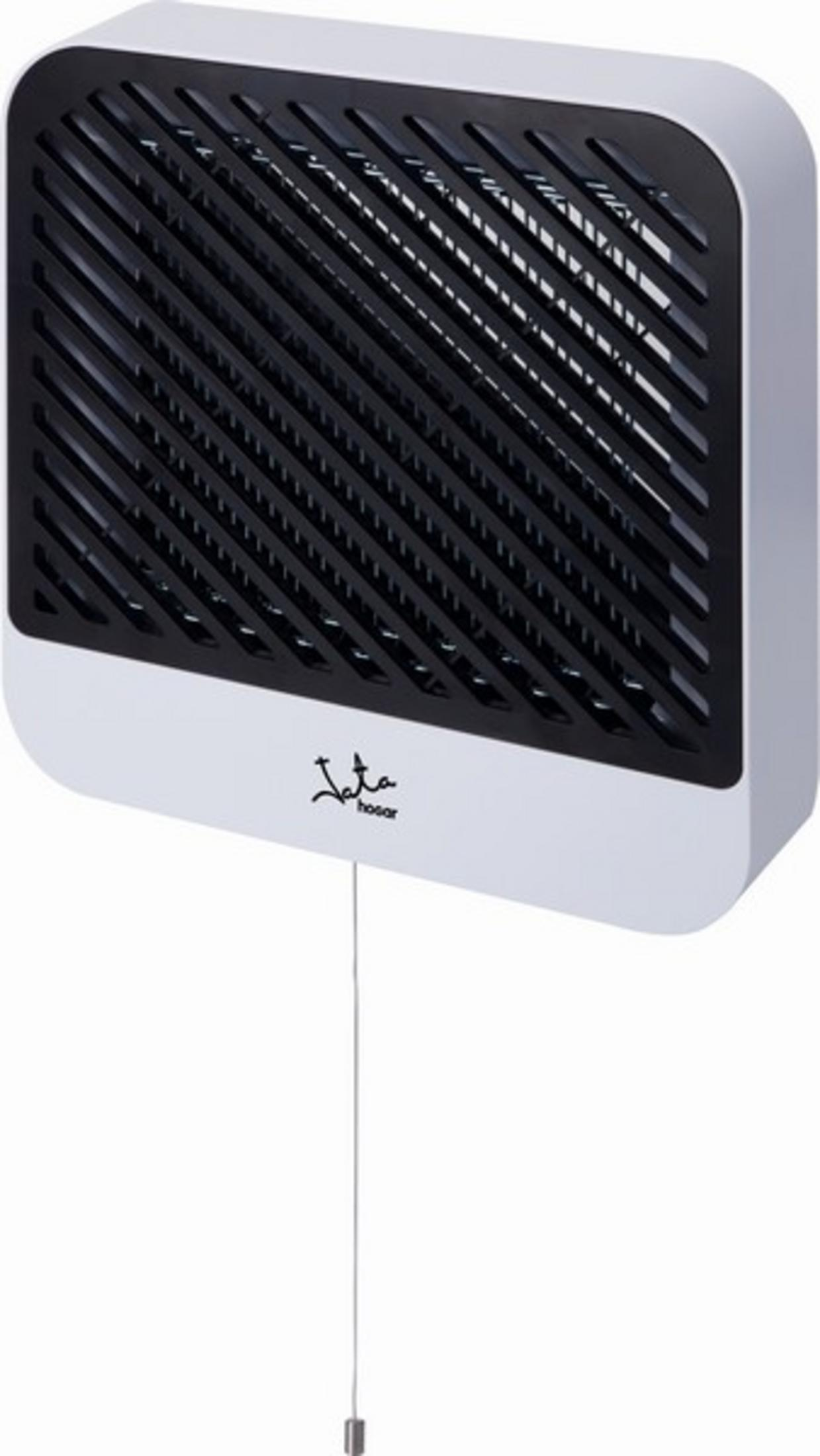Un calefactor blanco con rejilla negra y un interruptor de cable.