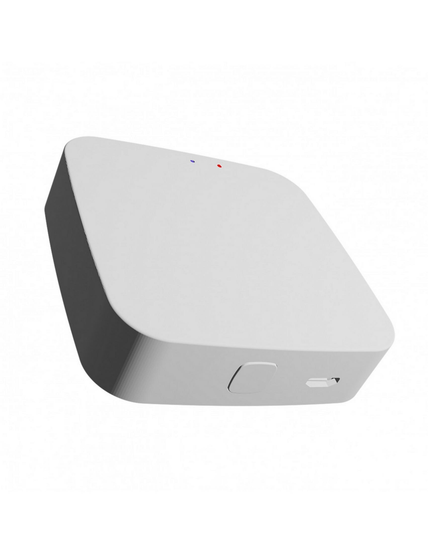 Un pequeño dispositivo cuadrado blanco con luces azules y rojas y un puerto USB.