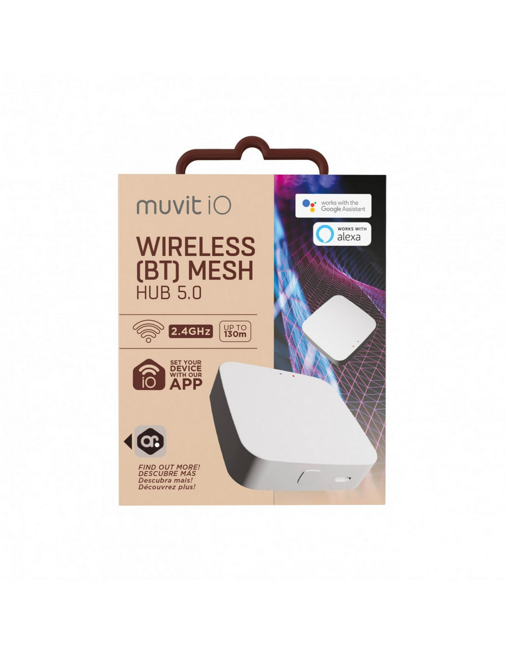 Embalaje Muvit iO Wireless Mesh Hub 5.0 con imagen del dispositivo y logotipos.