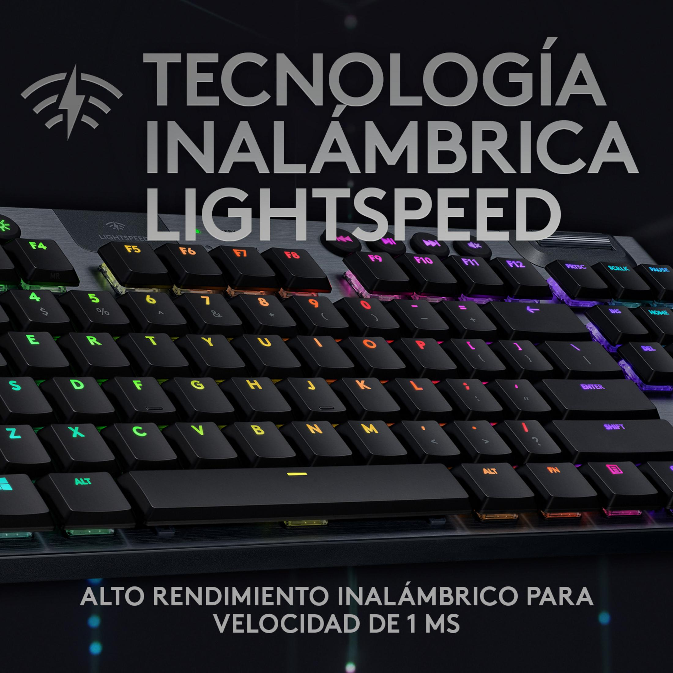 Black keyboard with illuminated keys and text advertising wireless technology.