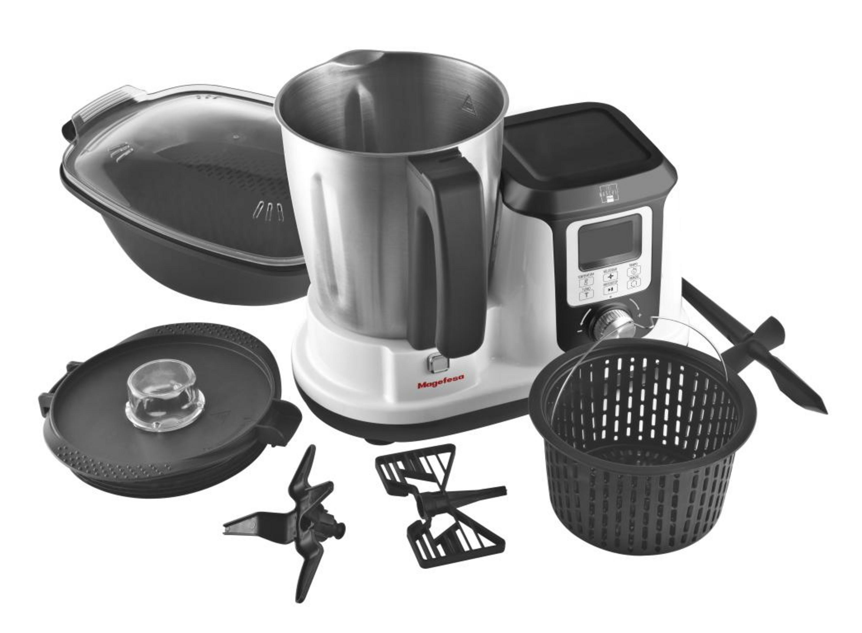 Procesador de alimentos con bol metálico, tapa, accesorios de mezcla, cesta vapor y cuchilla.
