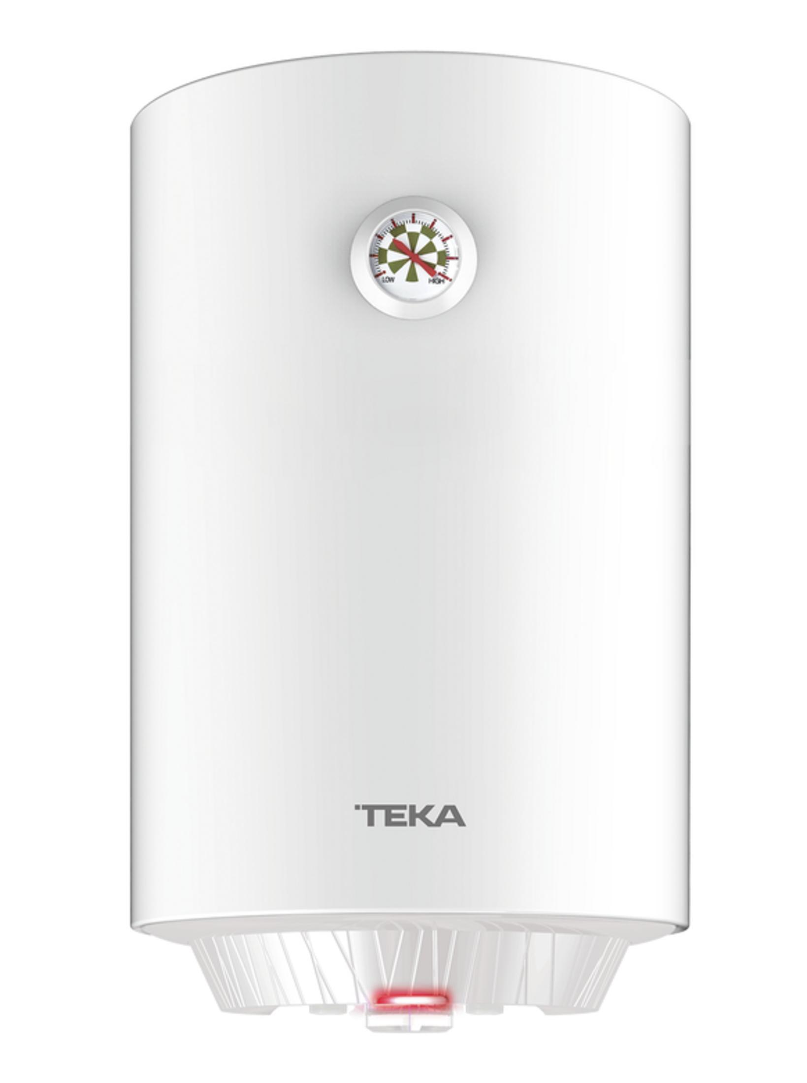 Un calentador de agua blanco con un termómetro y el logo de TEKA.