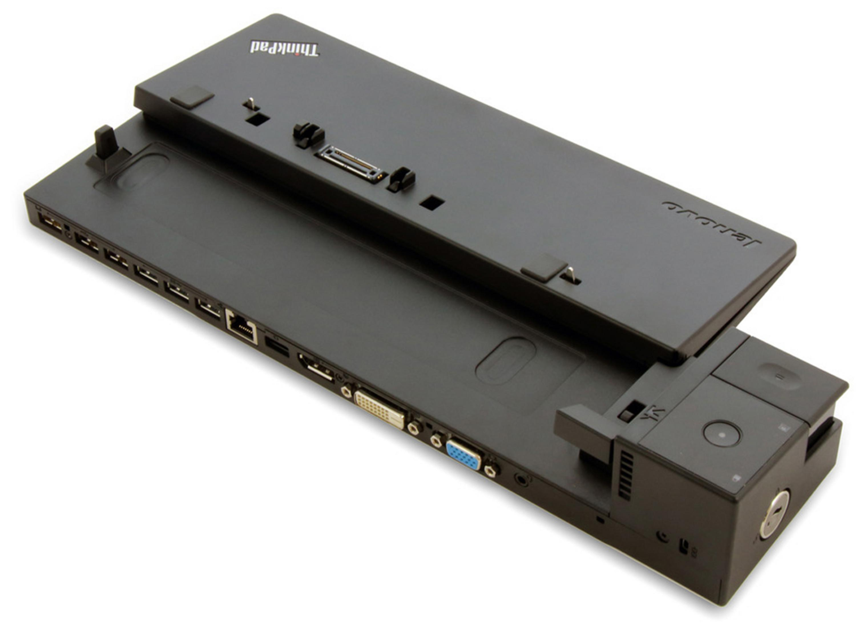 Docking station ThinkPad nera con porte USB, HDMI e VGA.