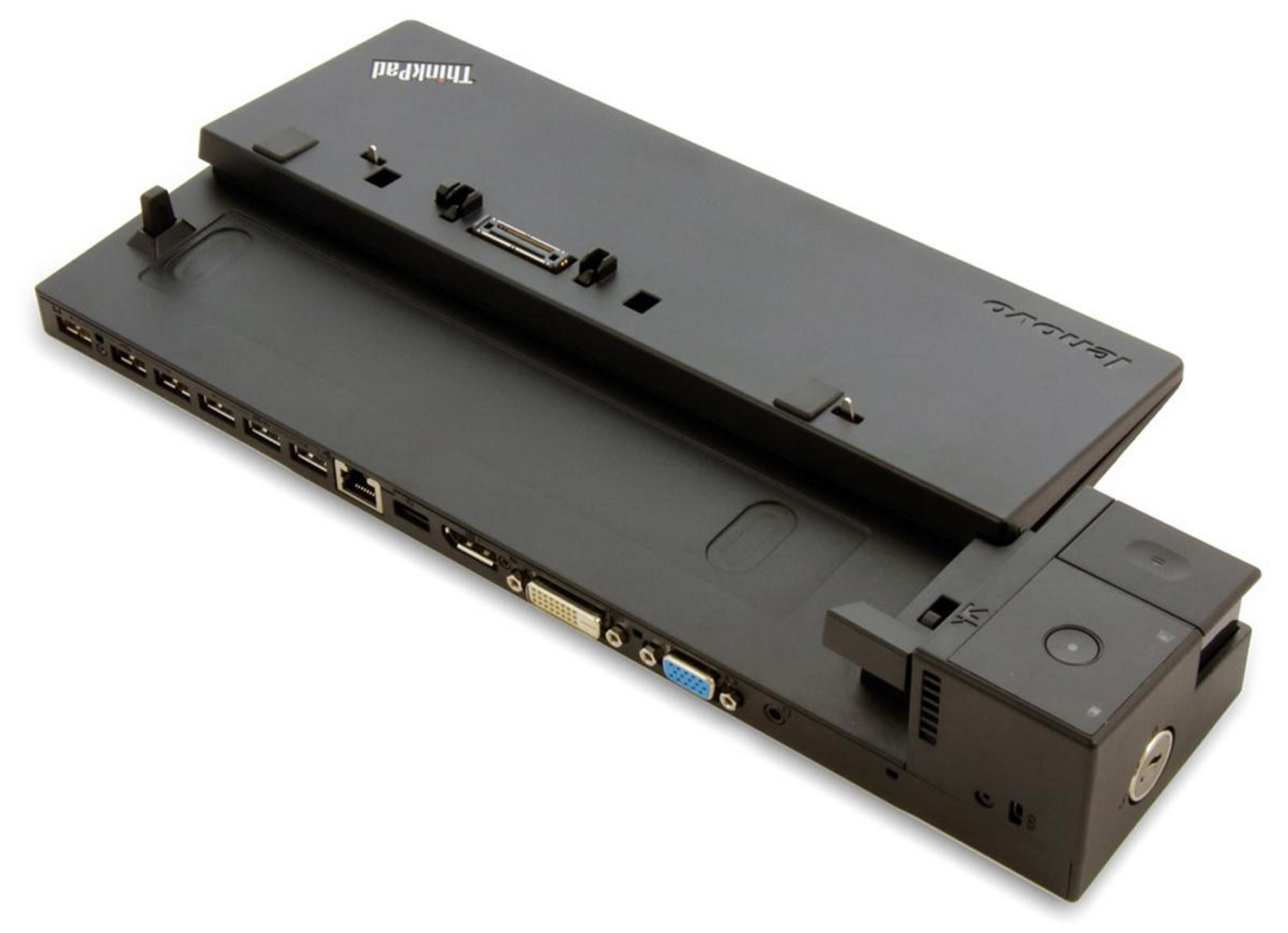 Stazione di docking nera Lenovo ThinkPad con porte e logo Lenovo.