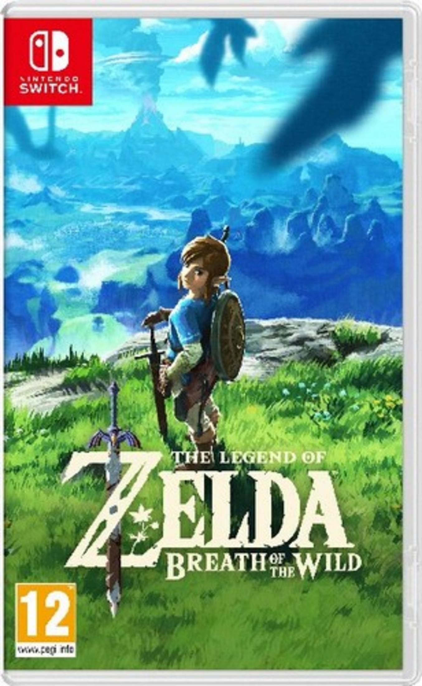 Link con spada e scudo su campo erboso, logo Nintendo Switch, PEGI 12.