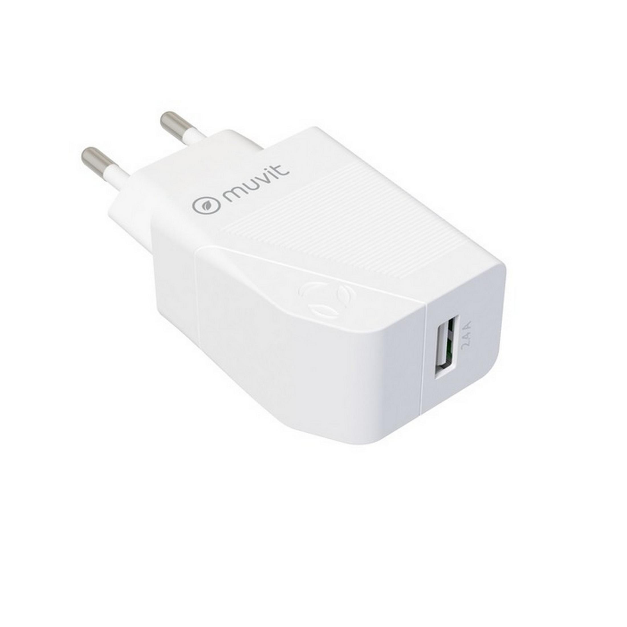 Un adaptador de corriente USB blanco con dos clavijas y un puerto USB.