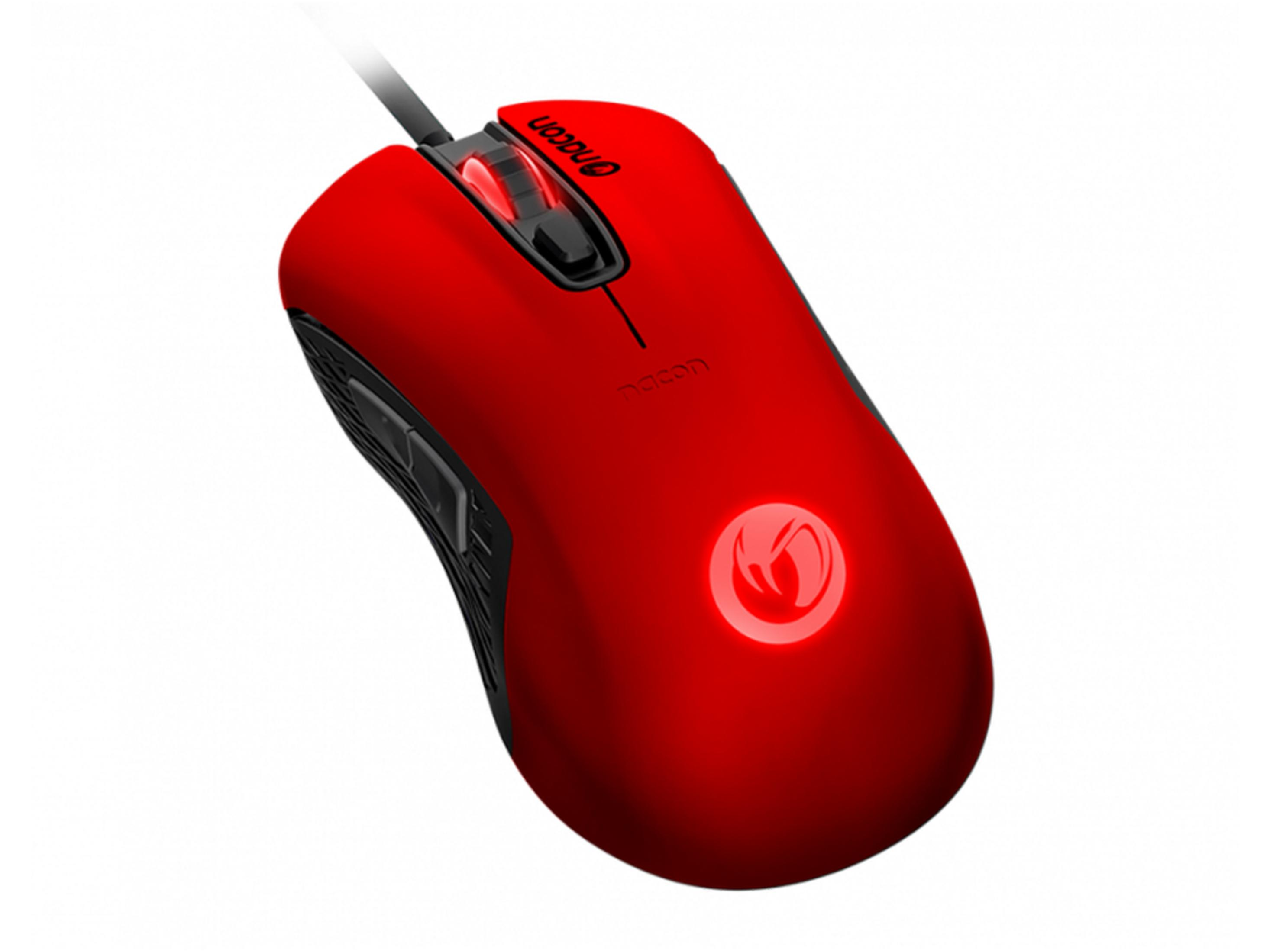 Un mouse gaming rosso con logo e rotellina illuminati.