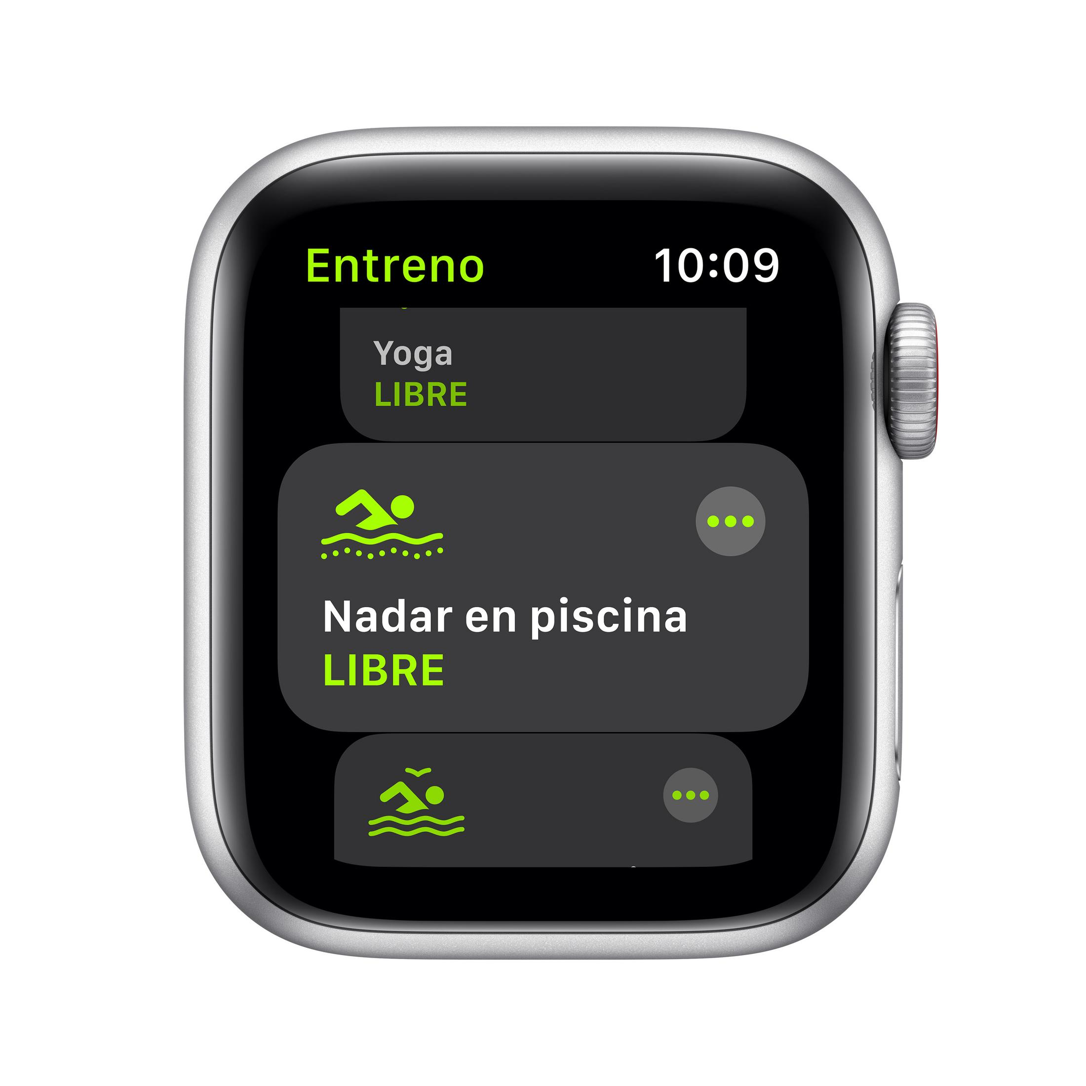 Un reloj inteligente muestra el menú "Entrenamiento" con "Yoga" y "Natación".