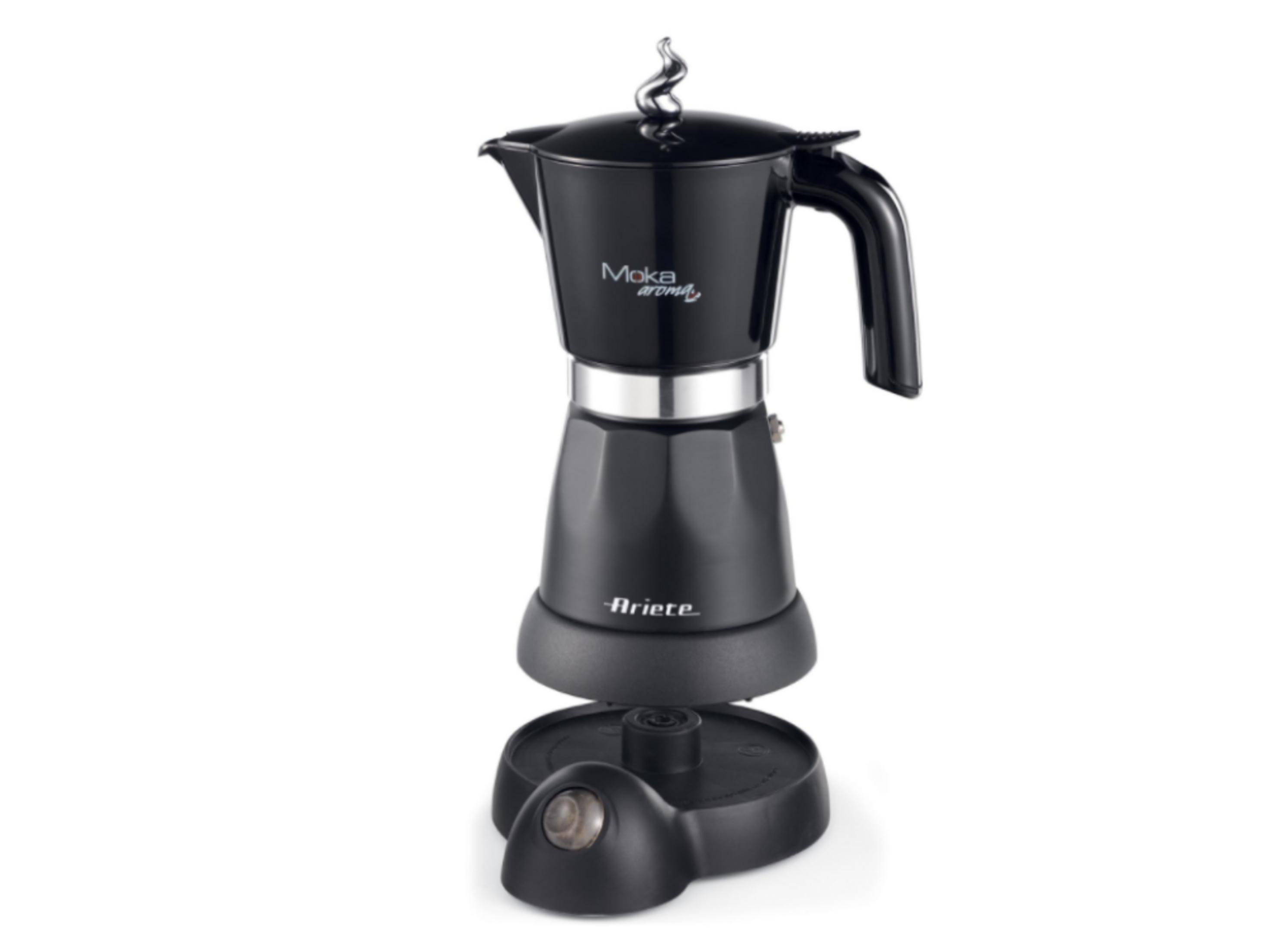Moka caffè nera con anello e manico argentati.