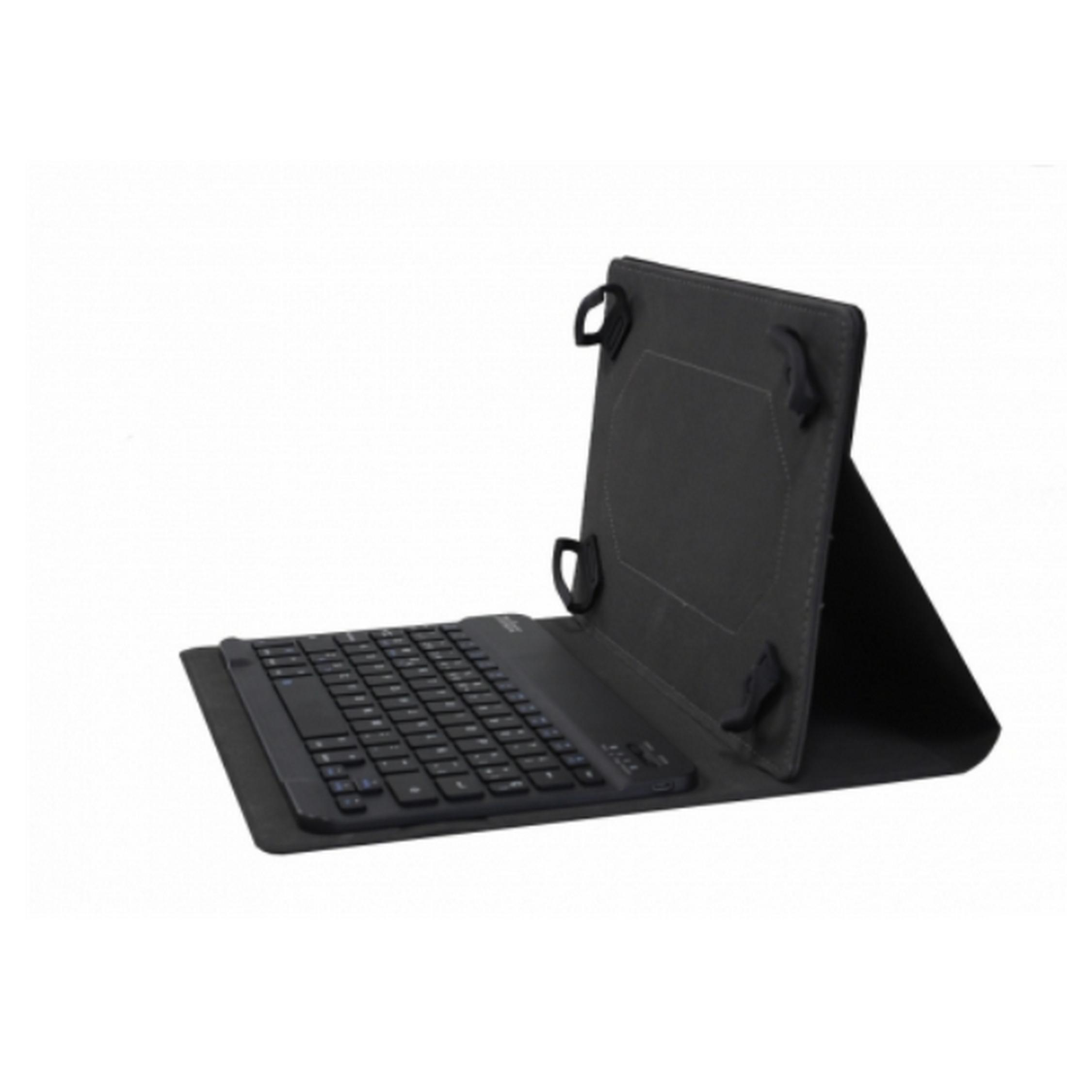 Funda negra para tableta con teclado integrado, de pie.