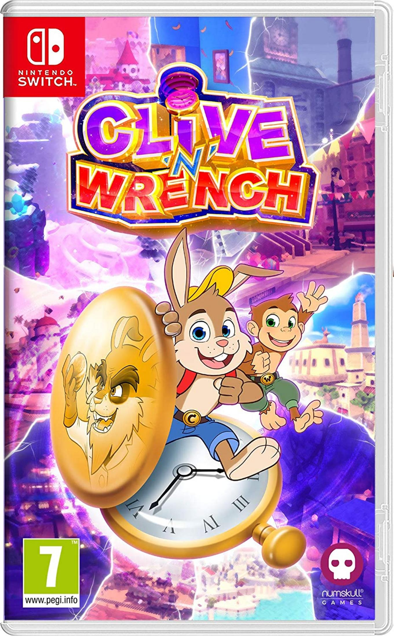 Portada del juego de Nintendo Switch Clive 'n' Wrench con personajes animados.
