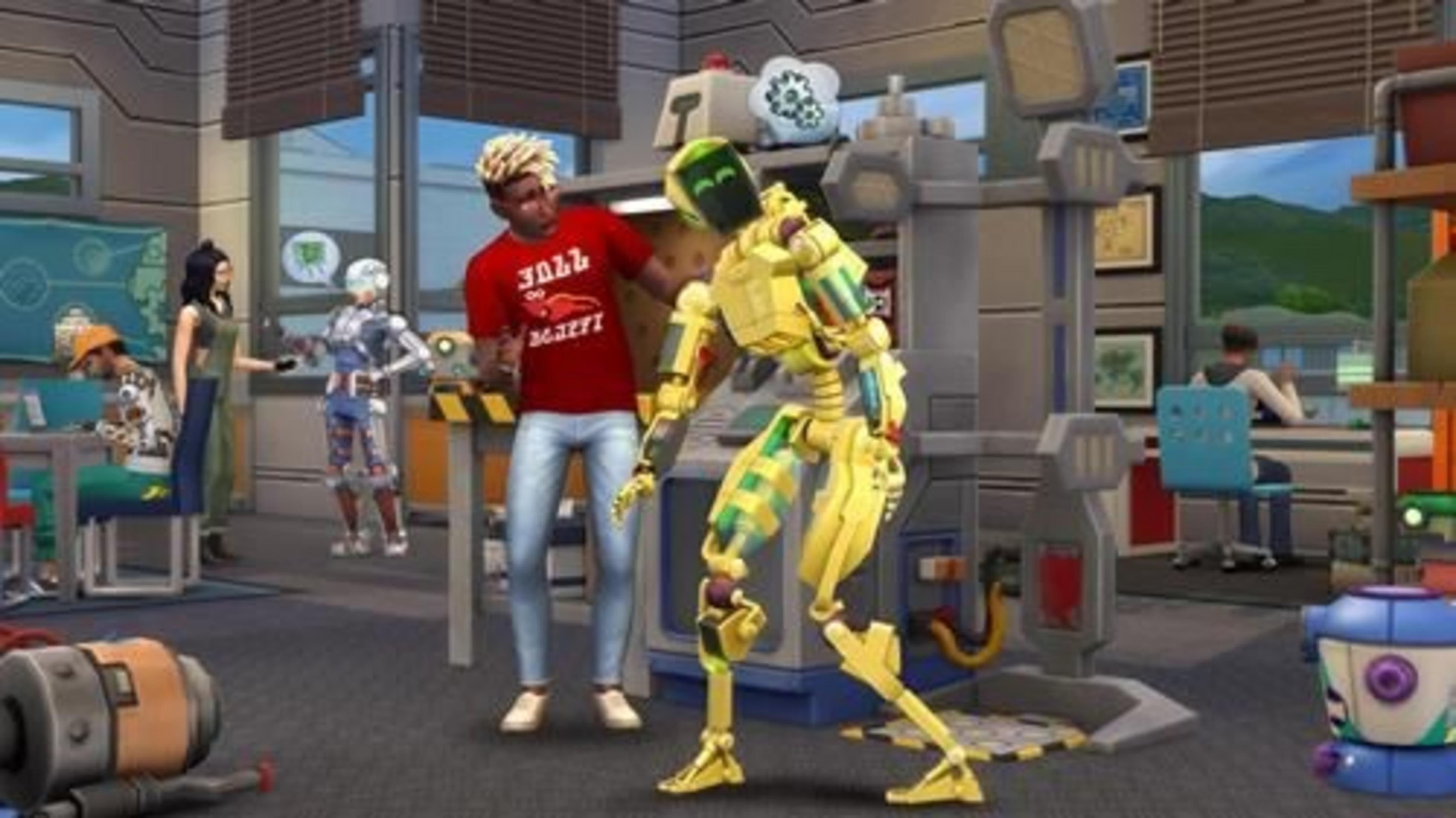 Un hombre de rojo está junto a un robot amarillo en un laboratorio. Otras personas trabajan.