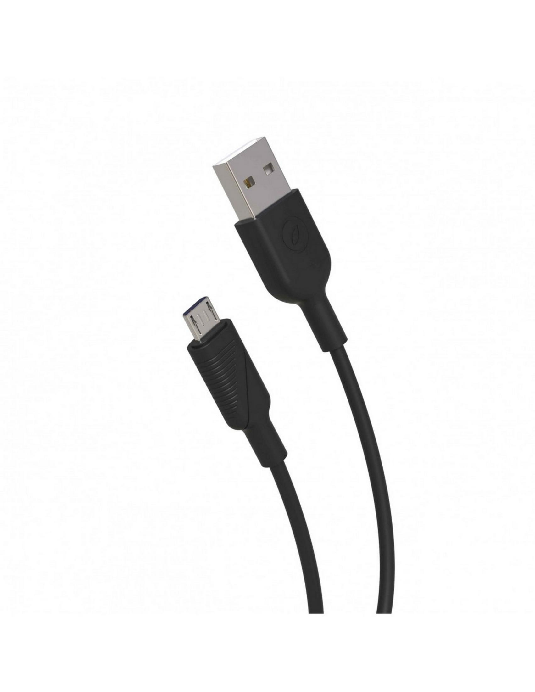 Un cable USB-A a Micro USB negro, fondo blanco.