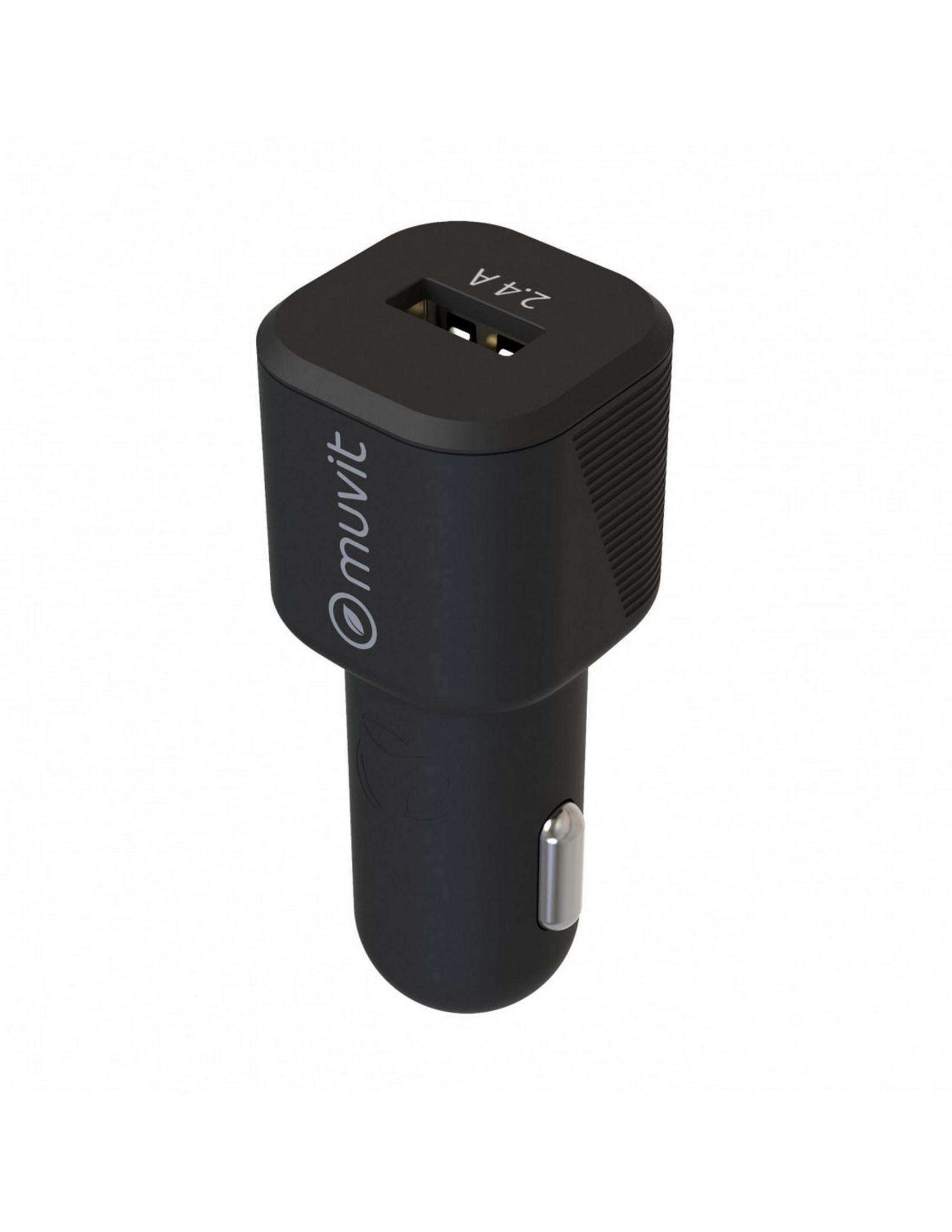 Cargador de coche USB dual negro con logo "muvit" y texto "2.4A".