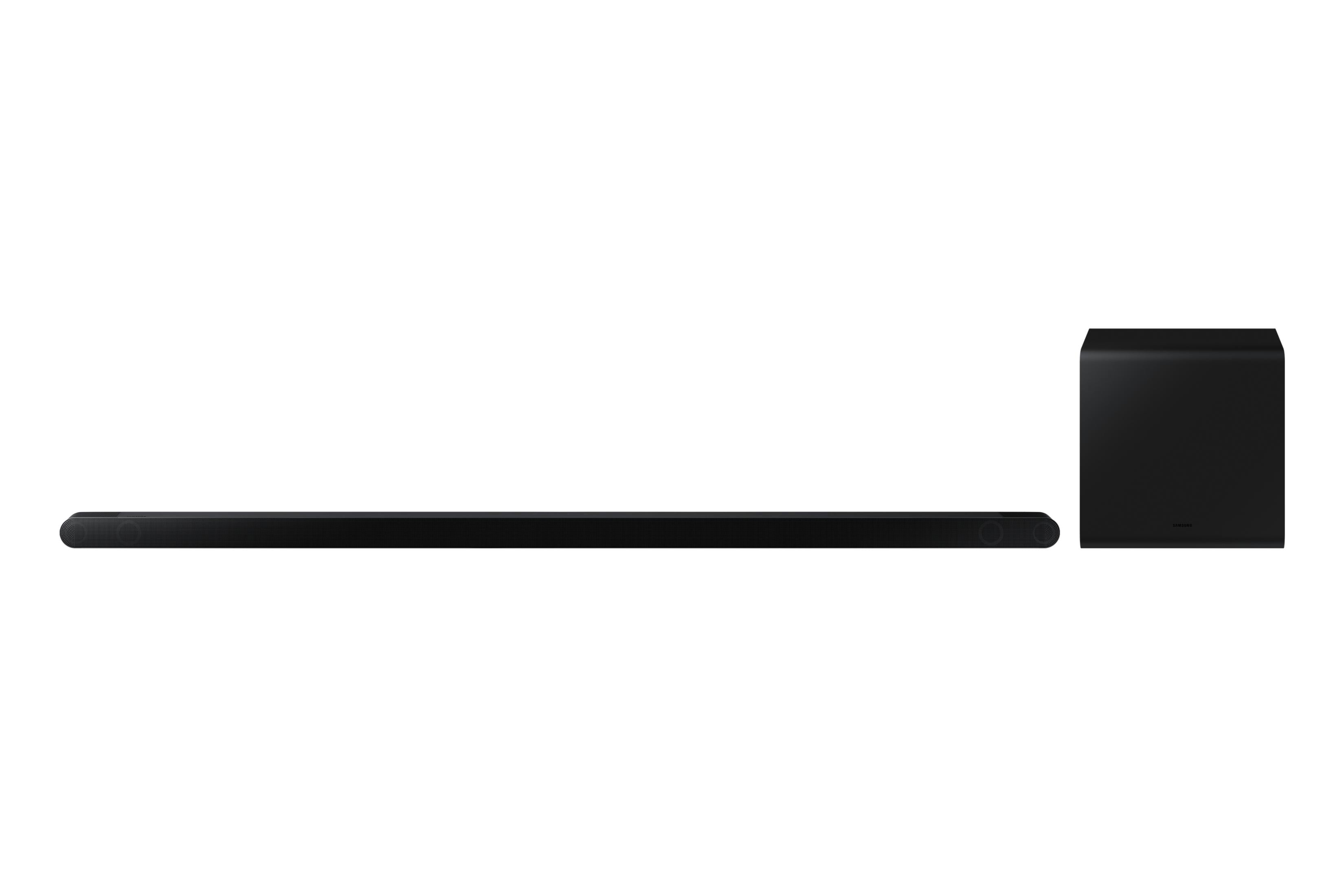 Barra de sonido y subwoofer negros sobre fondo blanco.