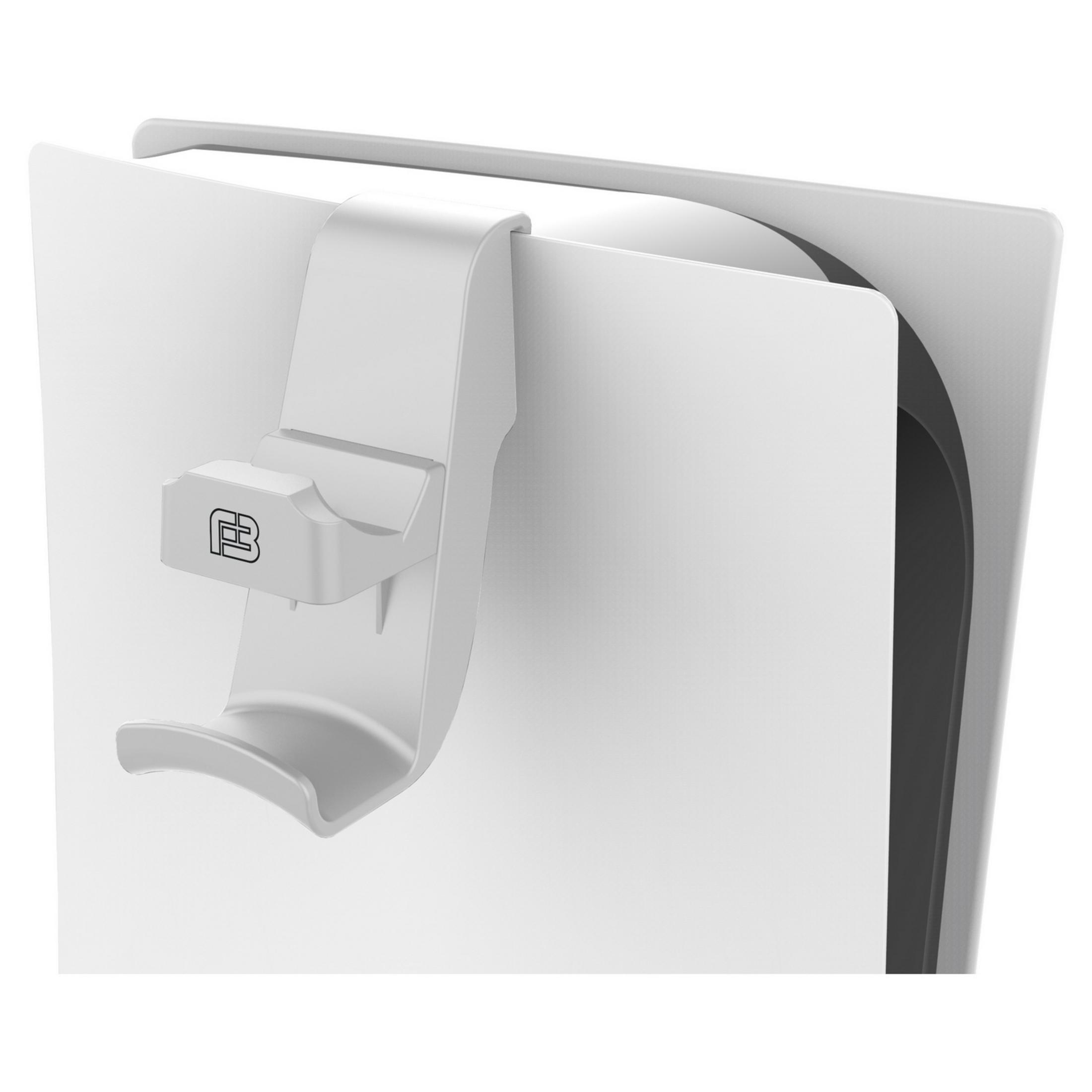 Un soporte blanco para auriculares sujeto a una consola de juegos blanca.