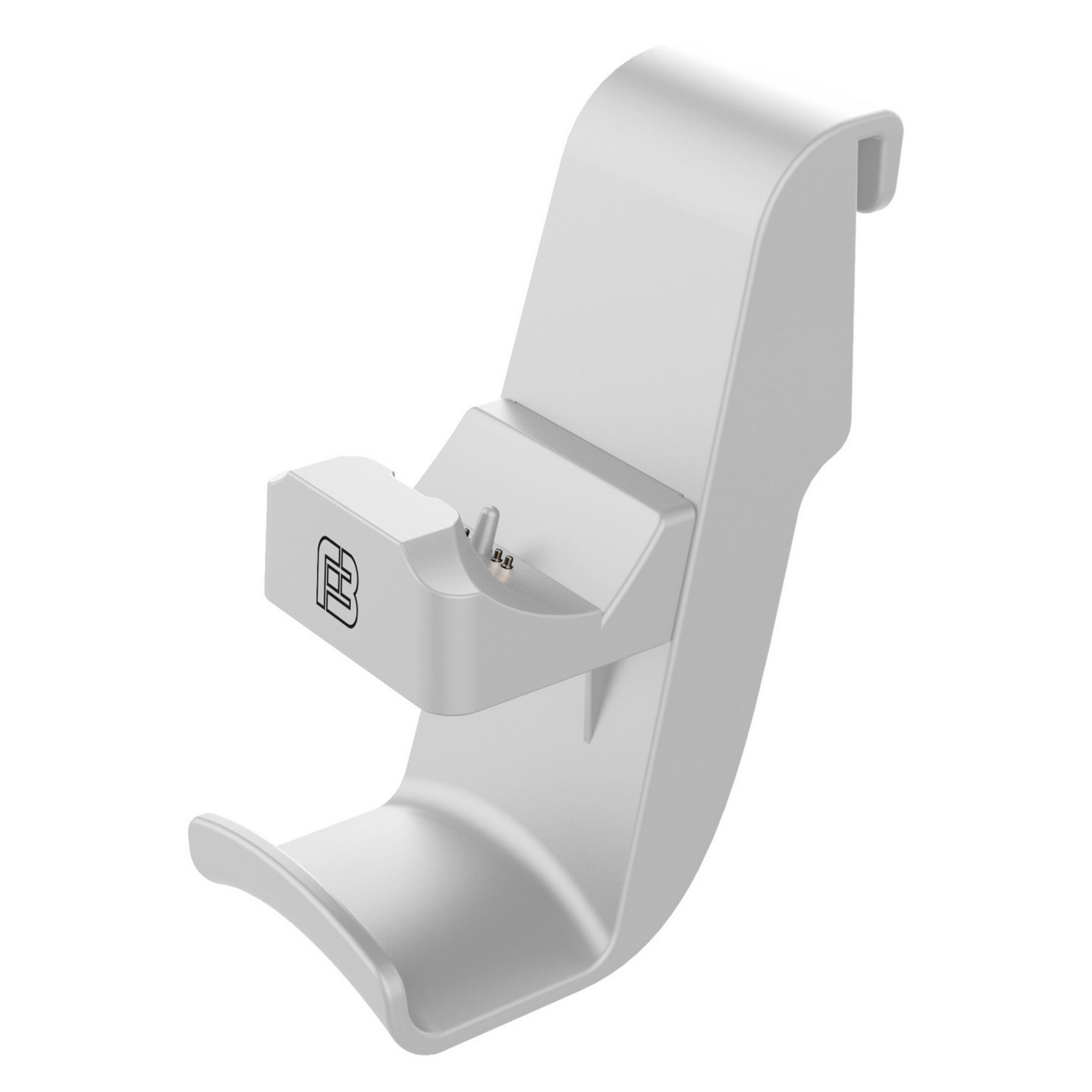 Un soporte blanco para auriculares con un logo.